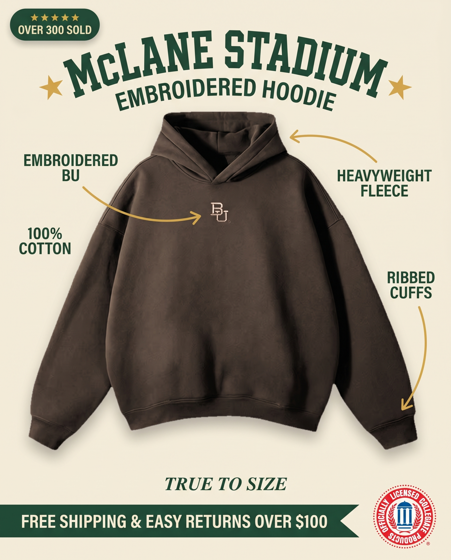 Baylor McLane Brown Hoodie features: embroidered BU, 100% cotton, heavyweight fleece