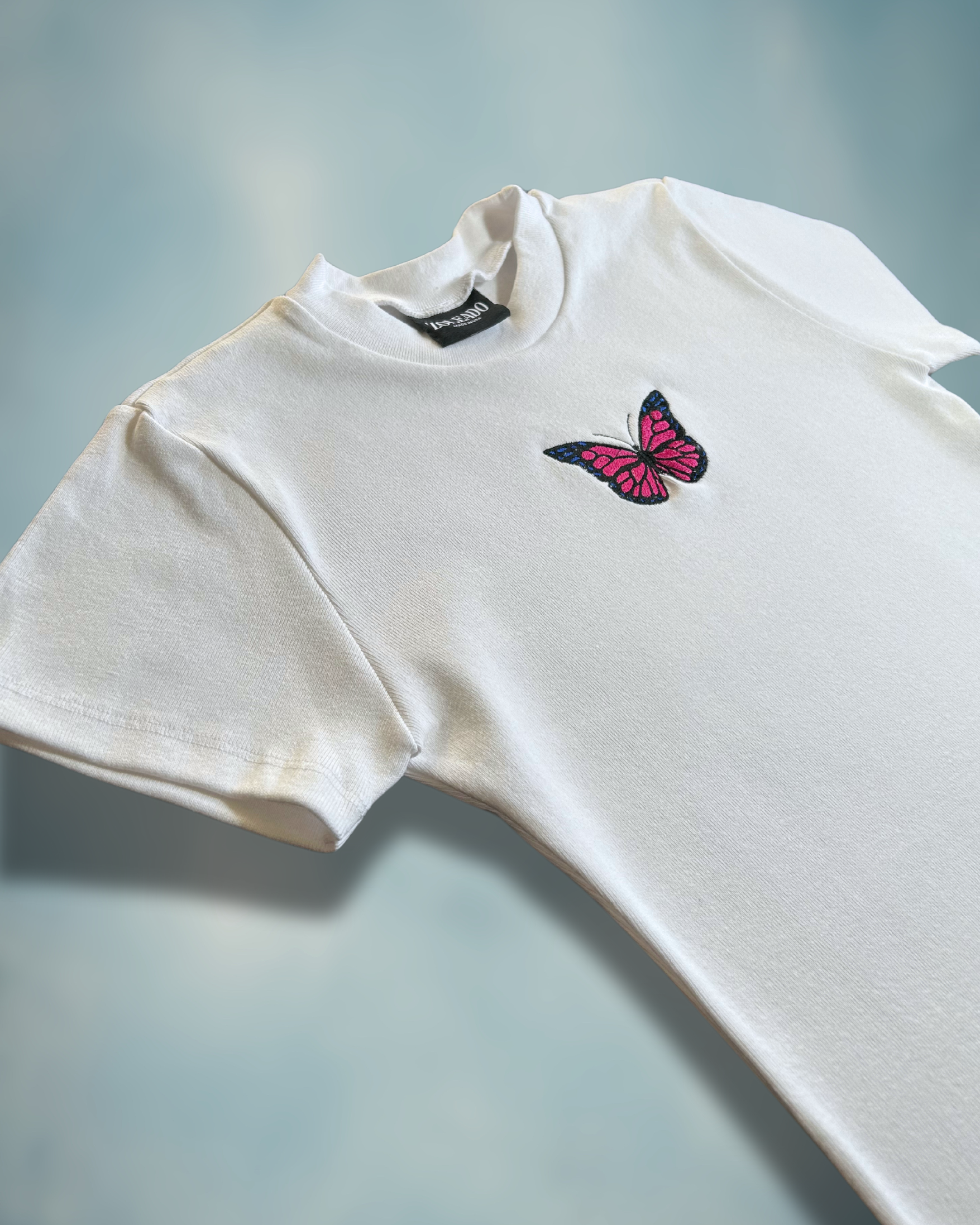 Pink Butterfly Baby Tee – Embroidered Pink & Blue Butterfly