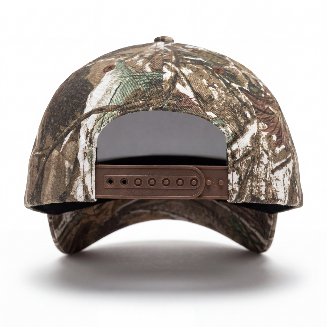 Howdy camo trucker hat side profile — curved-brim camo baseball cap with orange embroidery