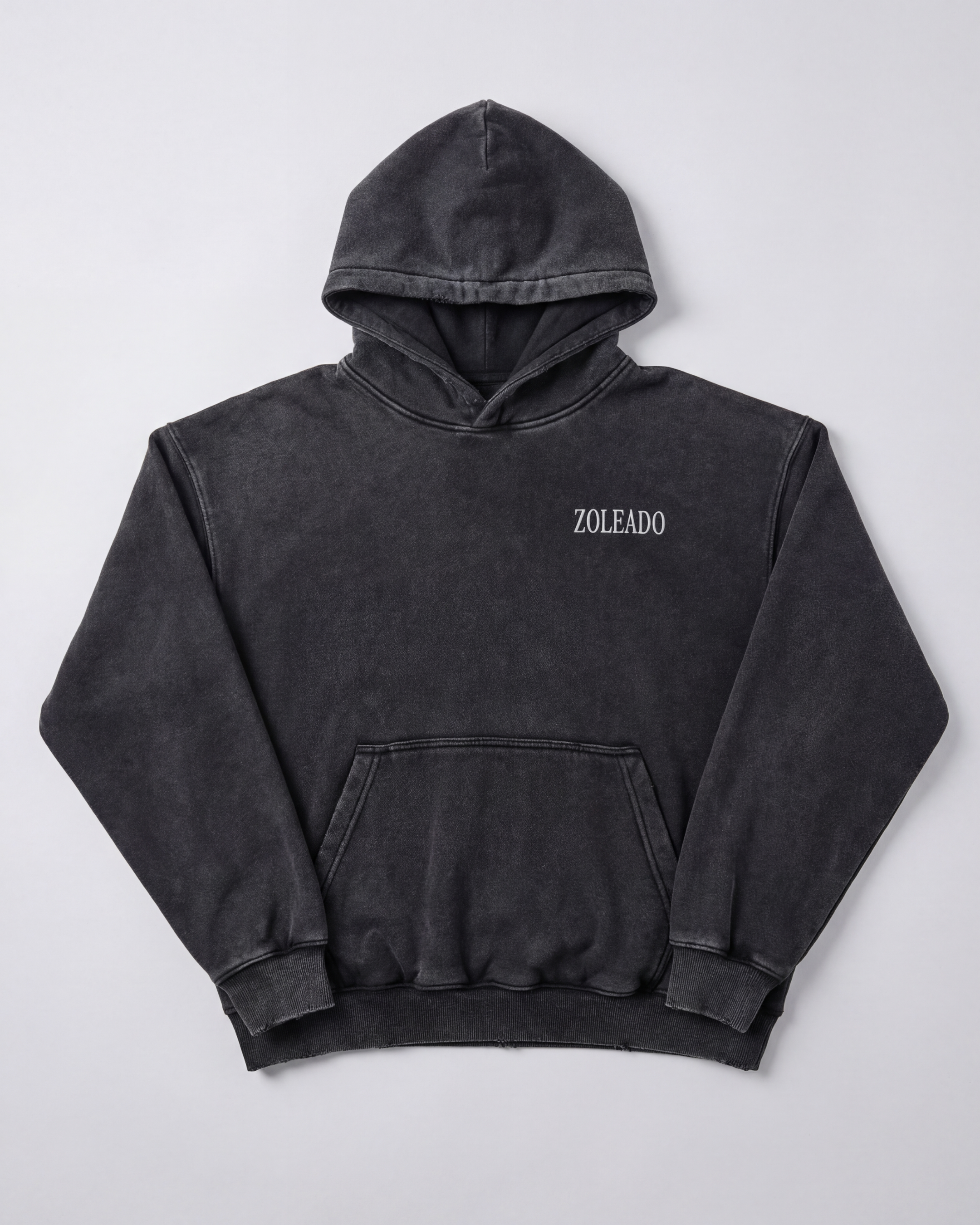 Zoleado Shadow Wash Hoodie in gray with drawstrings and a front kangaroo pocket, casual style by Zoleado Clothing Co.