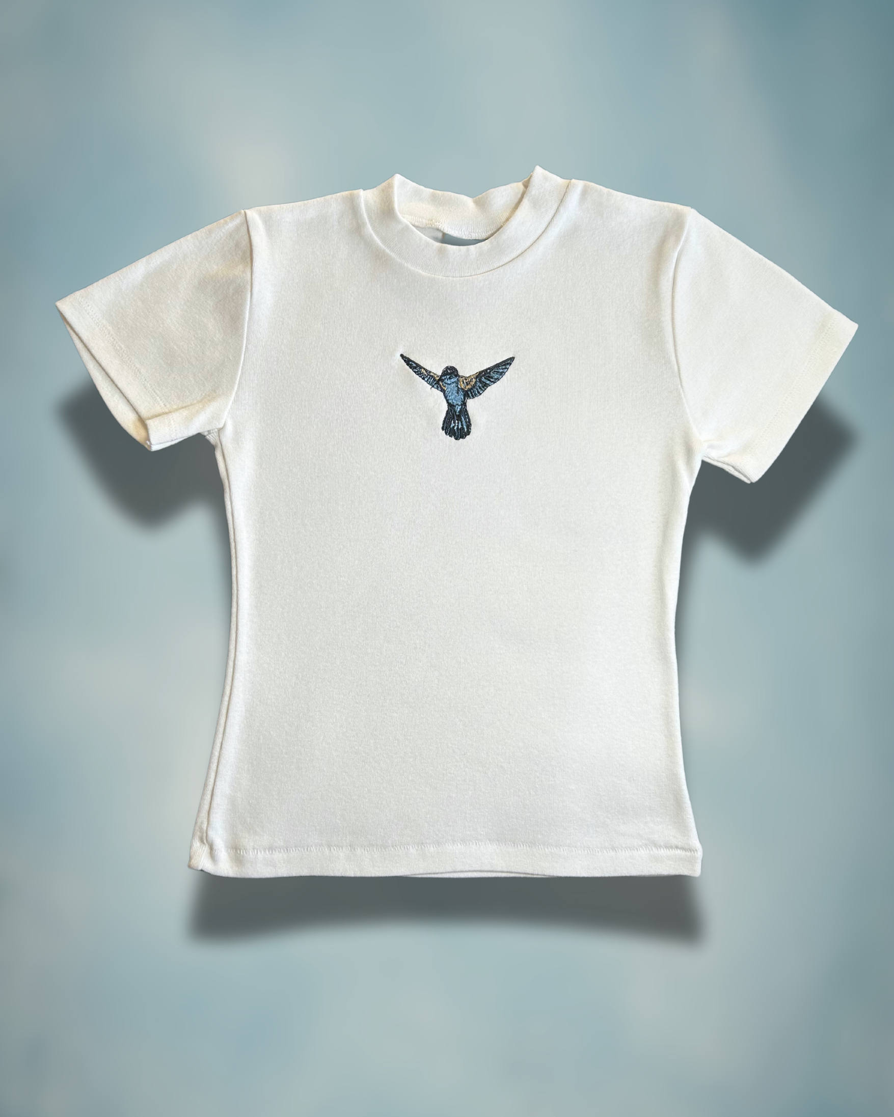 Hummingbird Sky Baby Tee – Embroidered Blue Hummingbird