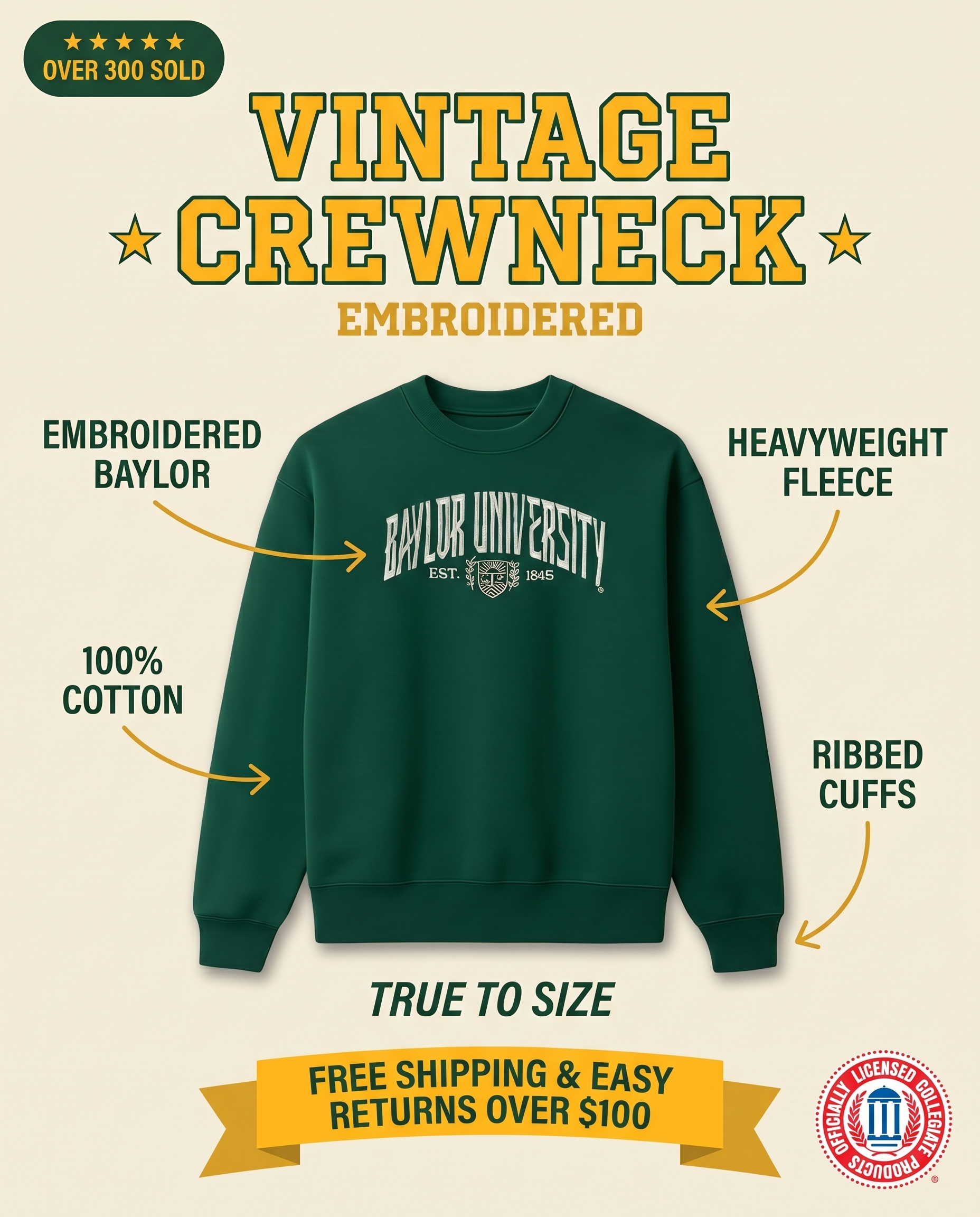 Baylor Vintage Crewneck Forest Green features: embroidered Baylor, 100% cotton, heavyweight fleece