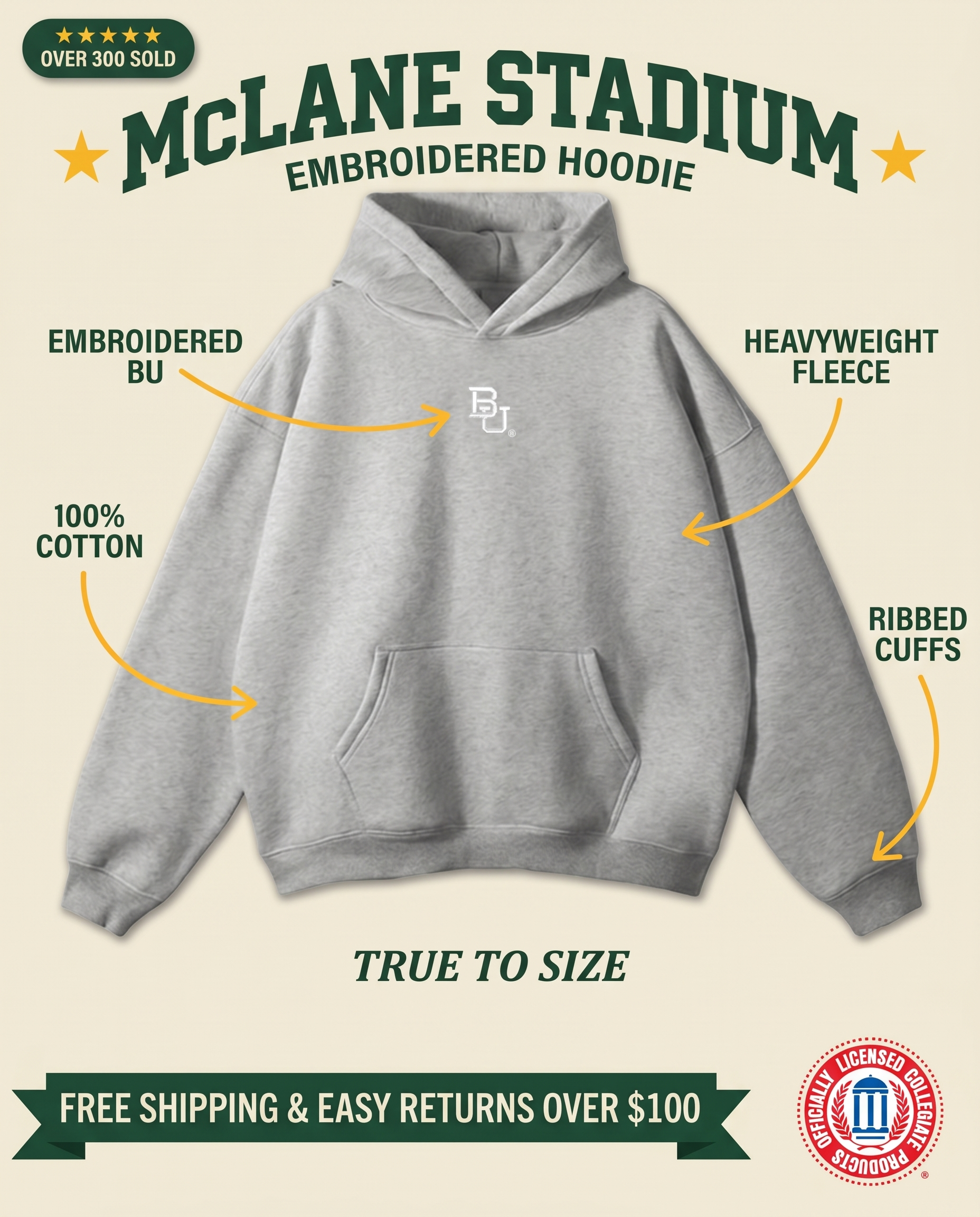 Baylor McLane Gray Oatmeal Hoodie features: embroidered BU, 100% cotton, heavyweight fleece
