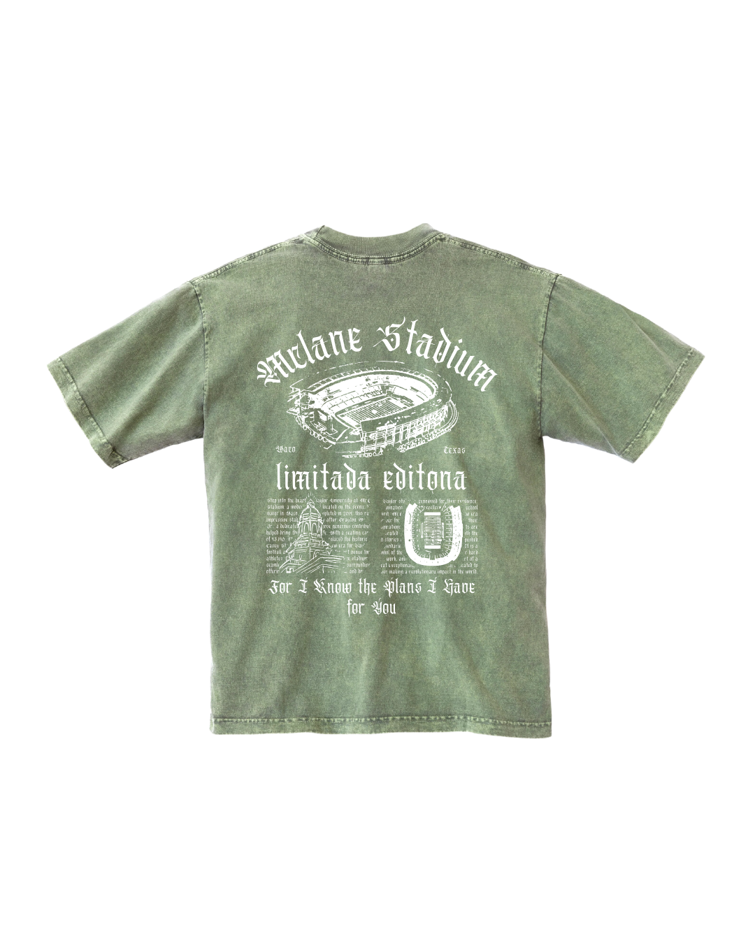 Matcha green t-shirt with white text and graphics on a white background, the shirt says "mclane stadium"