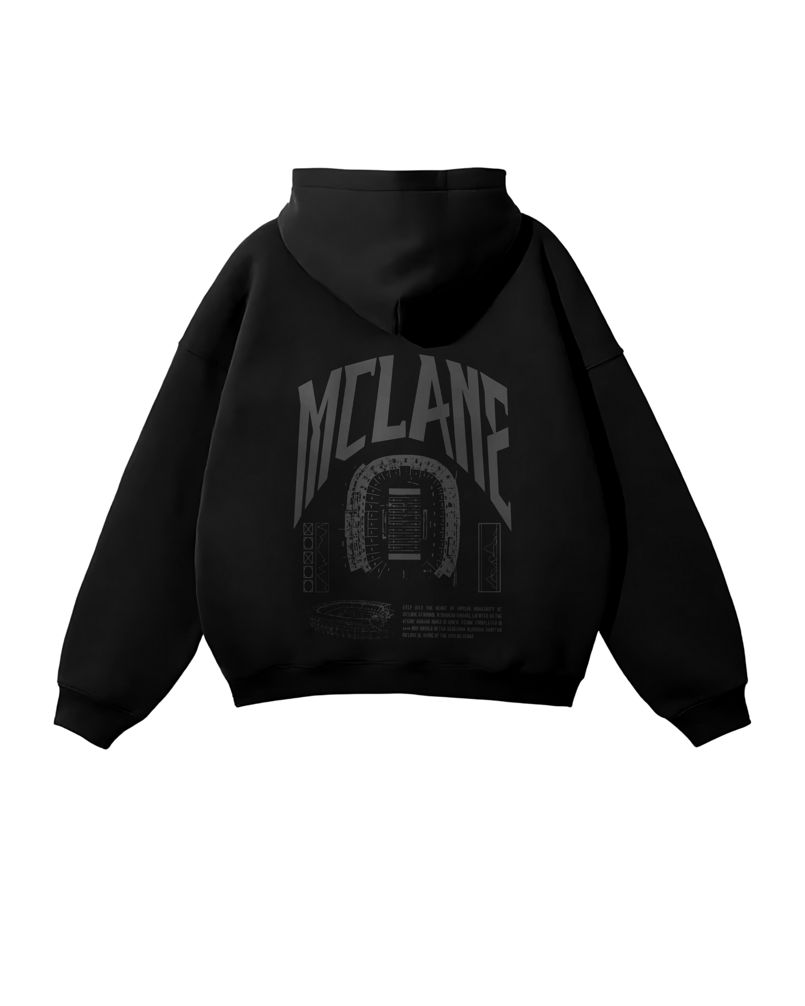 Black Baylor University hoodie with 'MCLANE' logo on the back against a white background