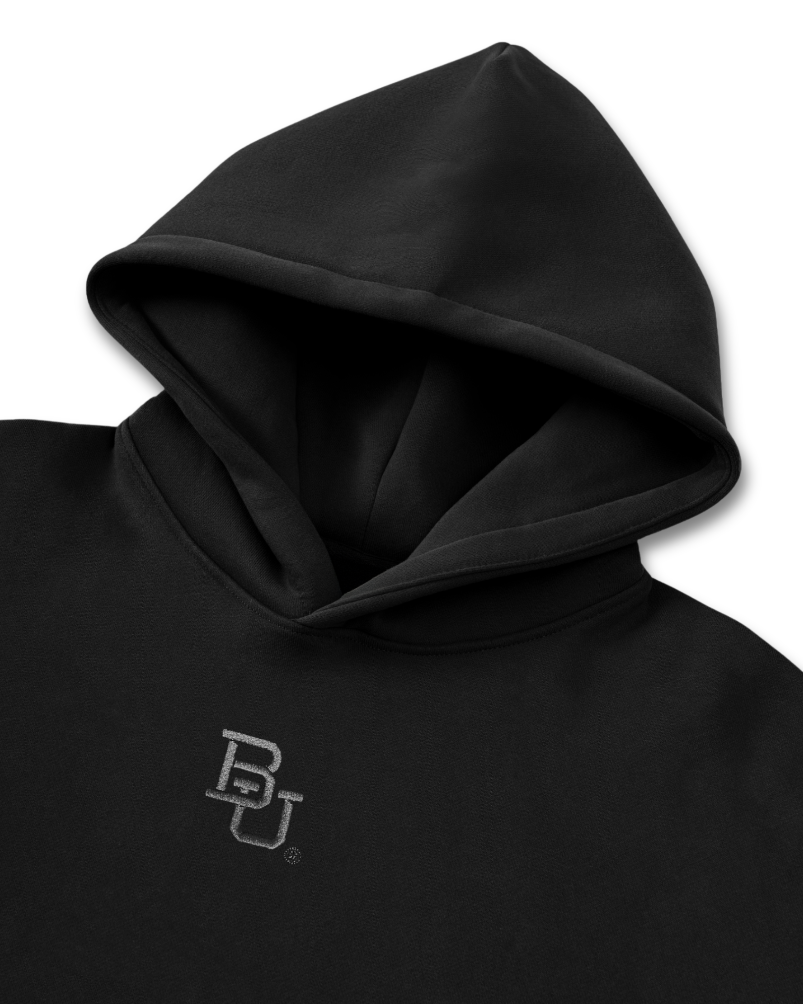 Black Baylor University hoodie with embroidered 'BU' logo on a white background