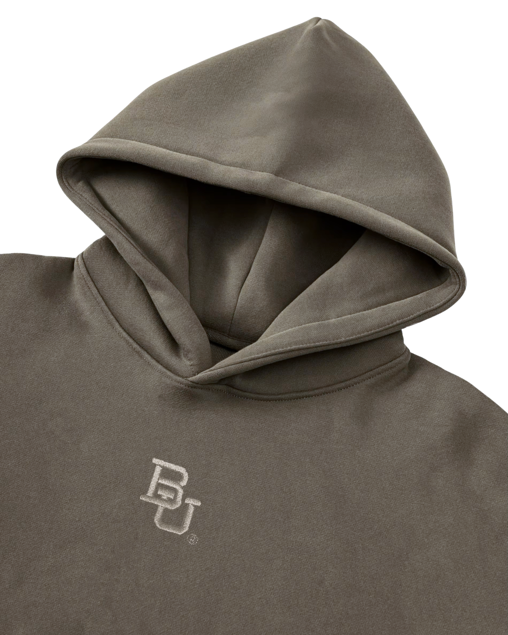 Olive green Baylor University hoodie with 'BU' embroidered logo on a white background