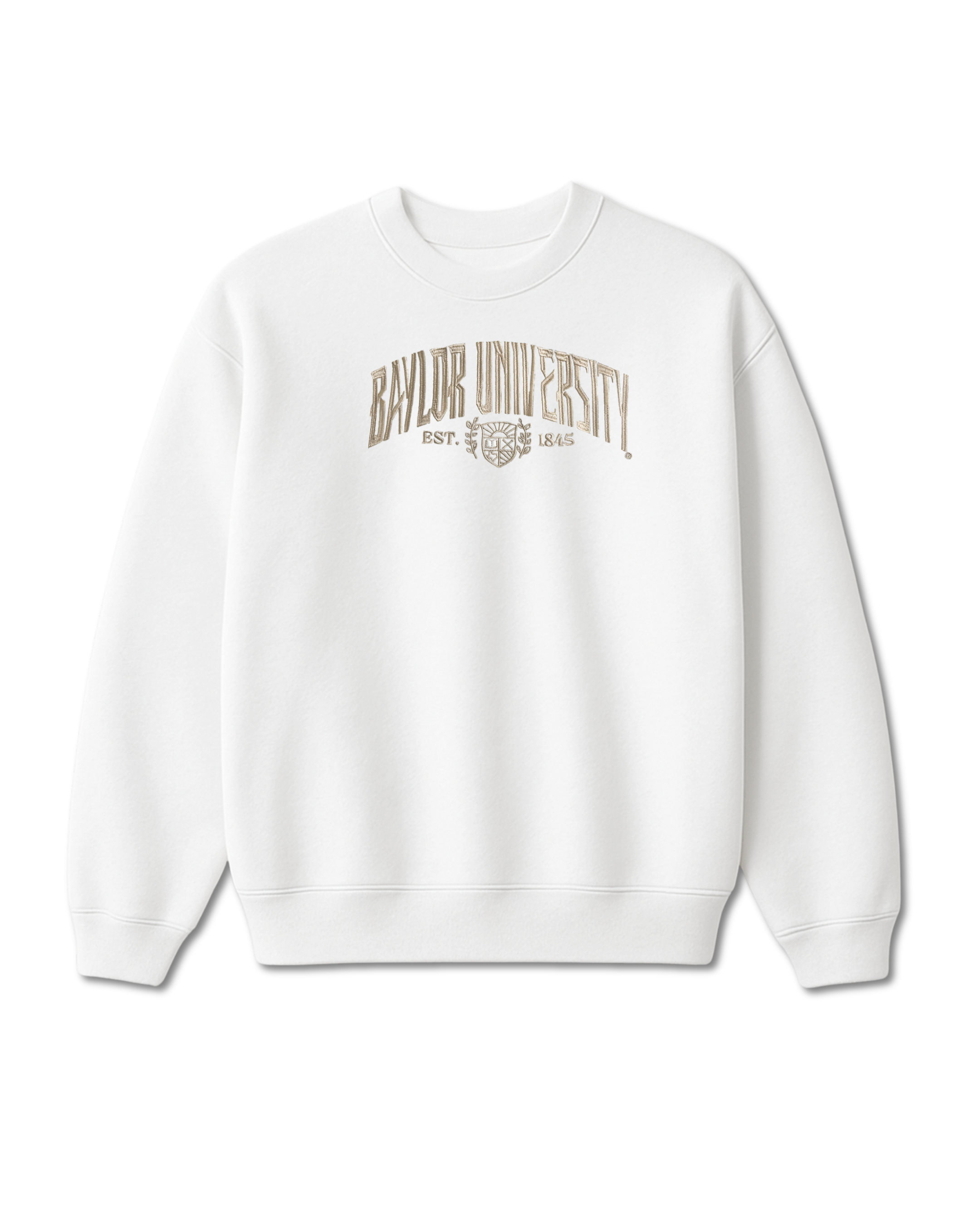 White sweatshirt with 'Baylor University' text on a white background