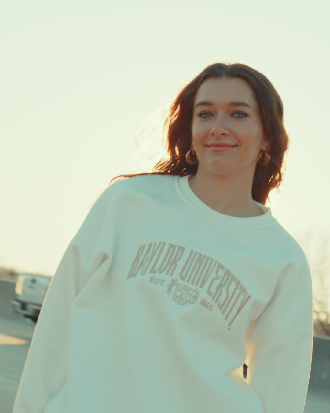 model wearing baylor vintage crewneck