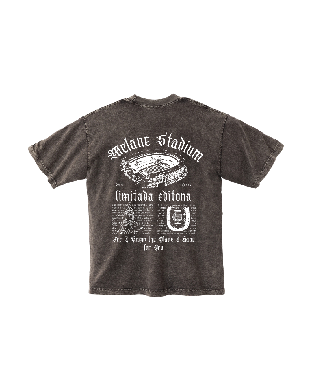 brown t-shirt with white graphic design on the back on a white background, the shirt reads "mclane stadium"