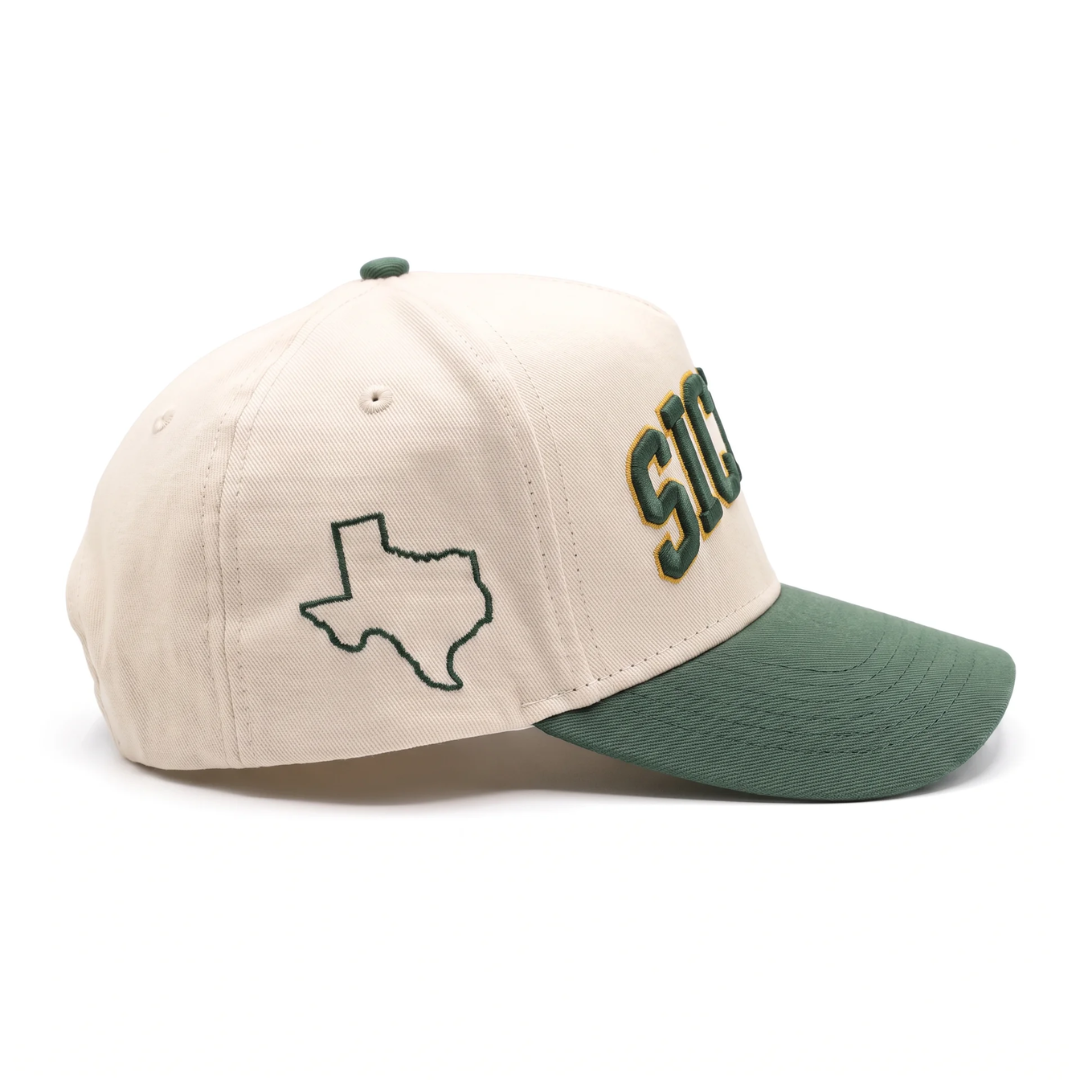 Baylor Sic 'Em hat side view with green outlined Texas embroidery and forest green brim