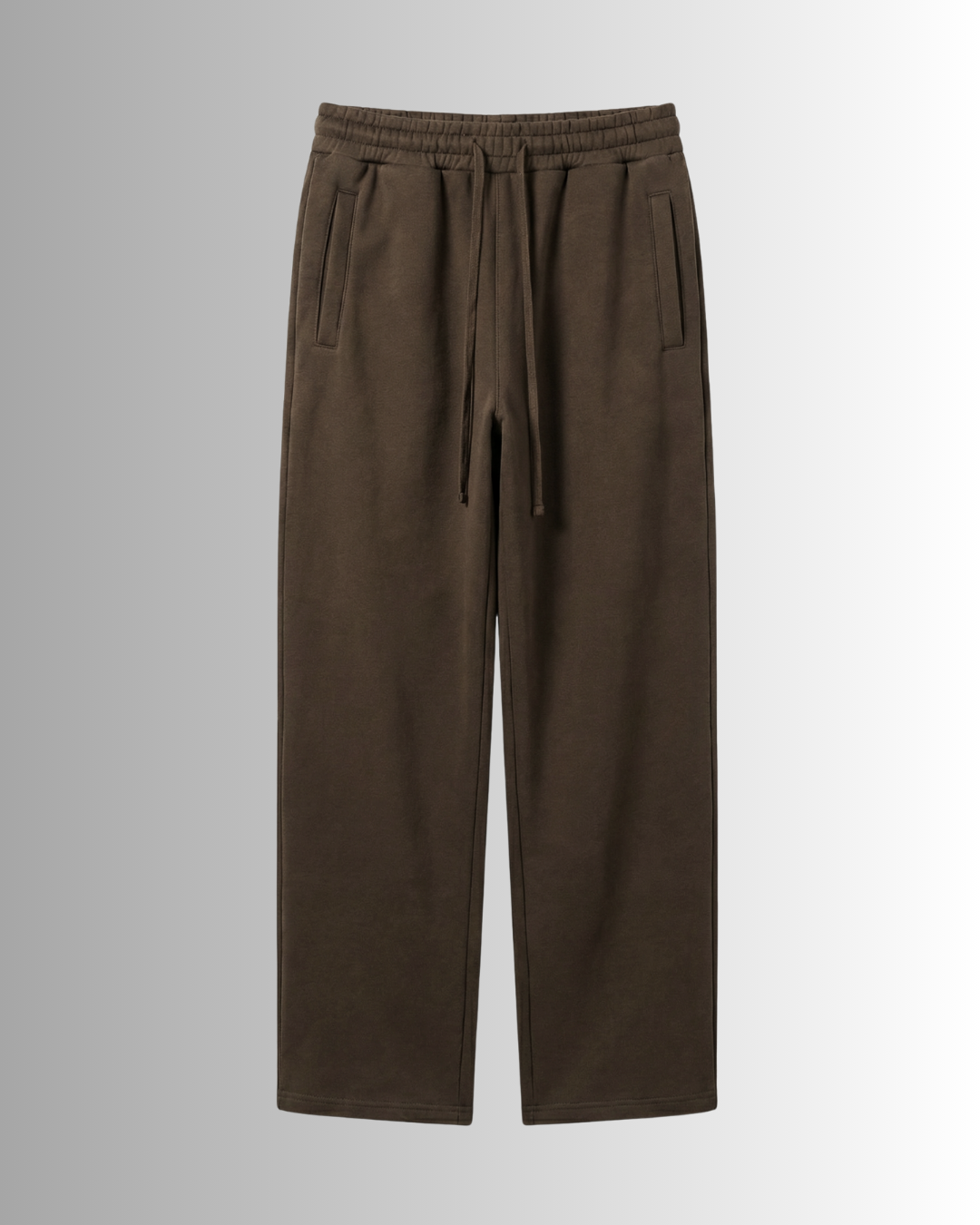 Brown sweatpants with a drawstring on a white background