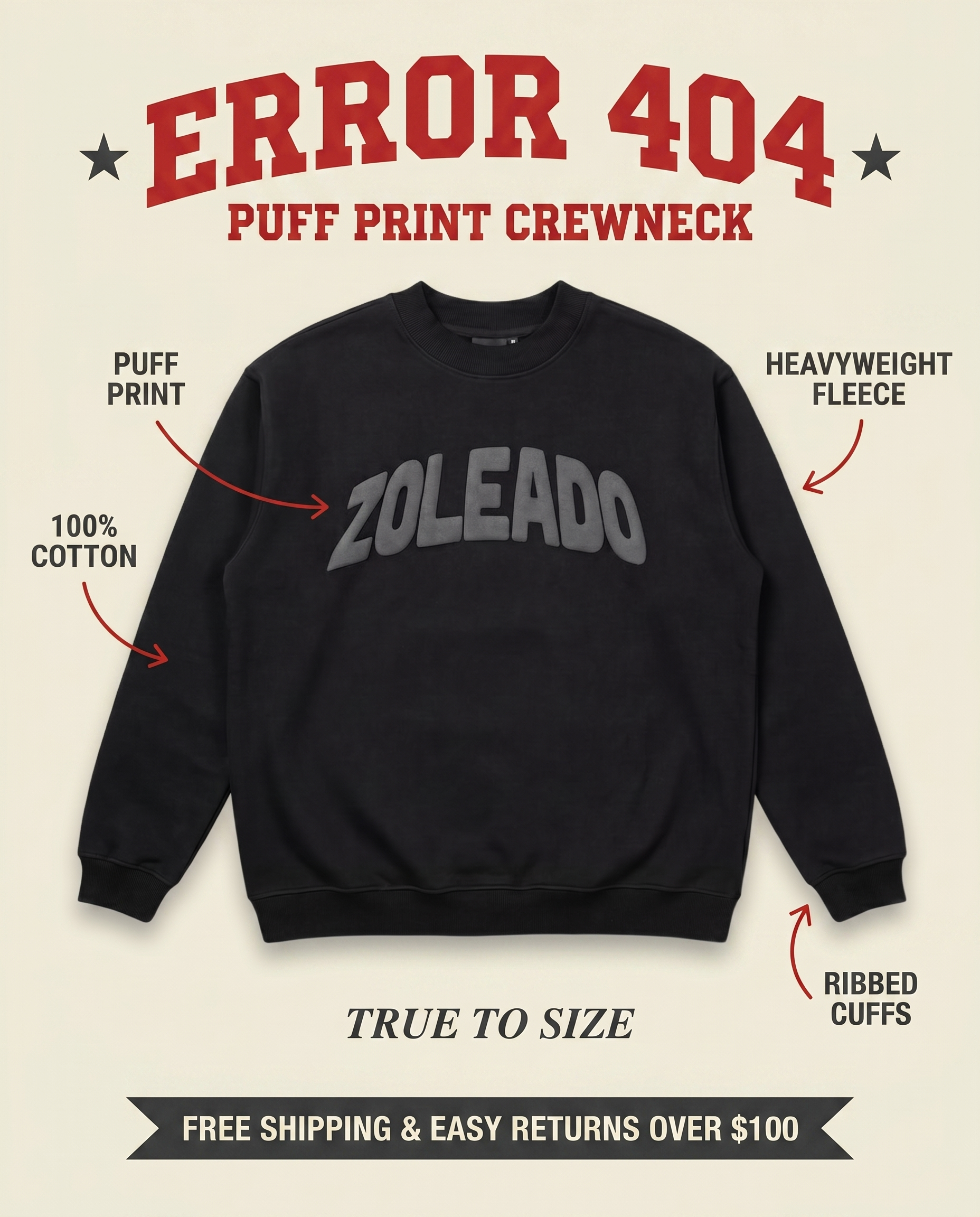 Zoleado Error 404 Puff Print Crewneck features: puff print, 100% cotton, heavyweight fleece