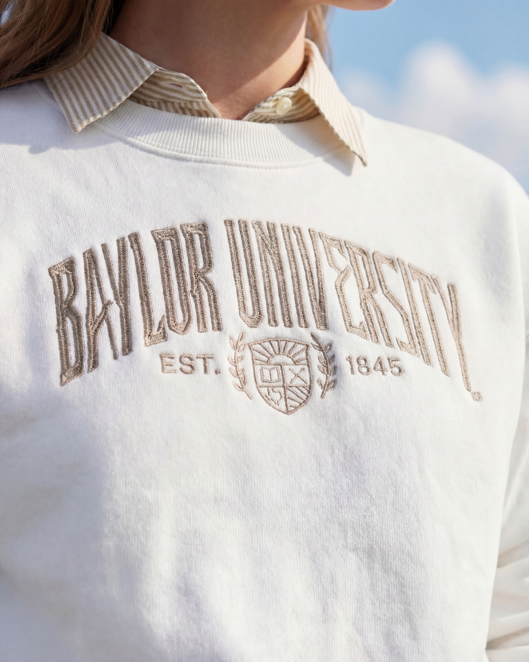 White Baylor University embroidered crewneck sweatshirt