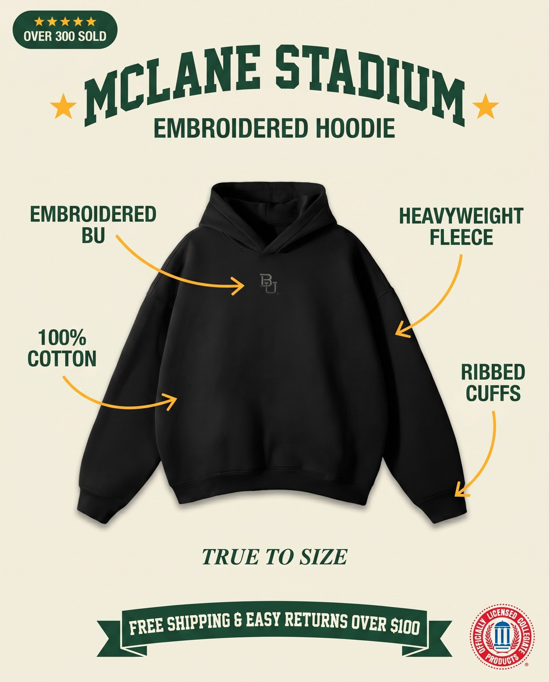 Baylor McLane Black Hoodie features: embroidered BU, 100% cotton, heavyweight fleece
