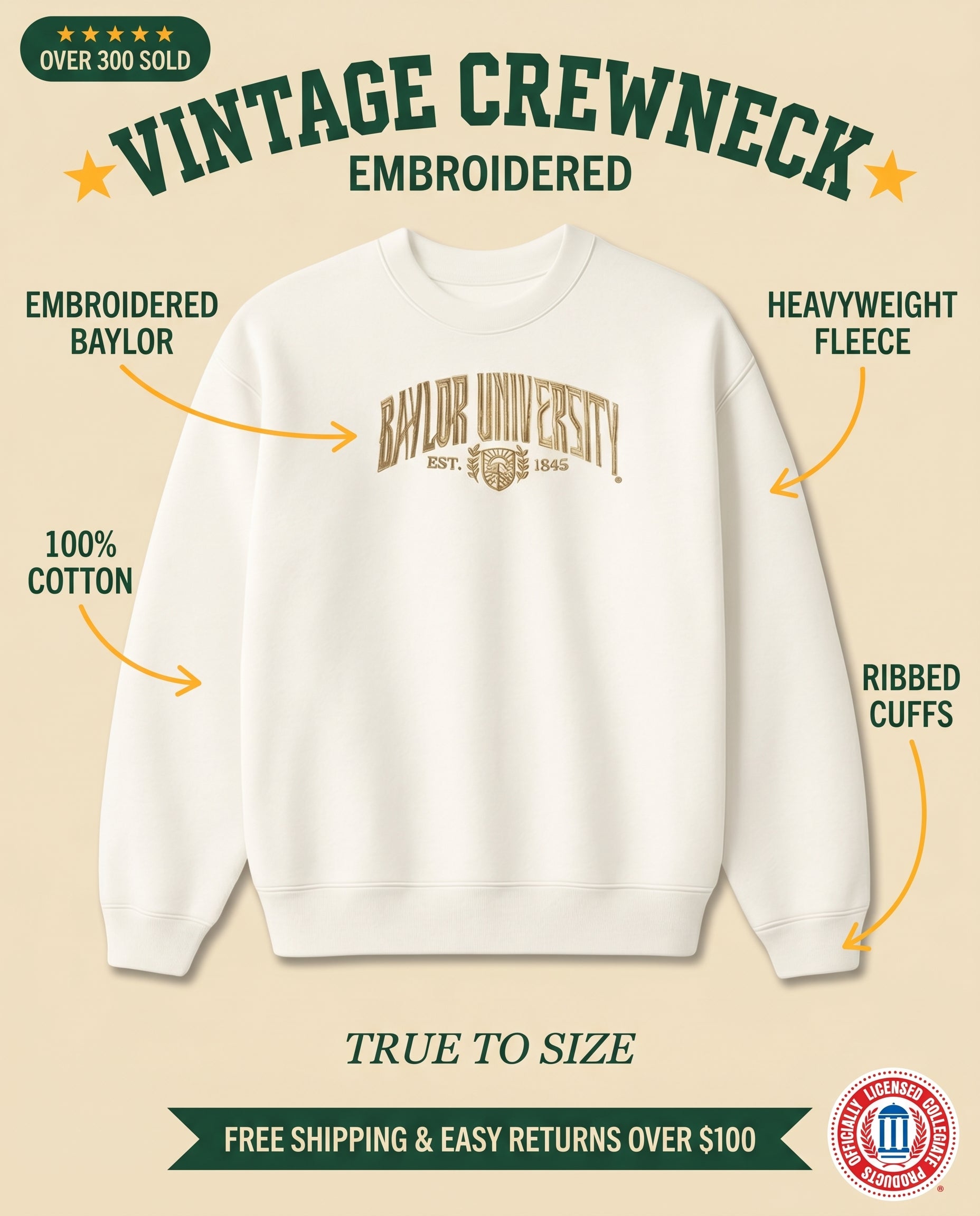 Baylor Vintage Crewneck White features: embroidered Baylor, 100% cotton, heavyweight fleece