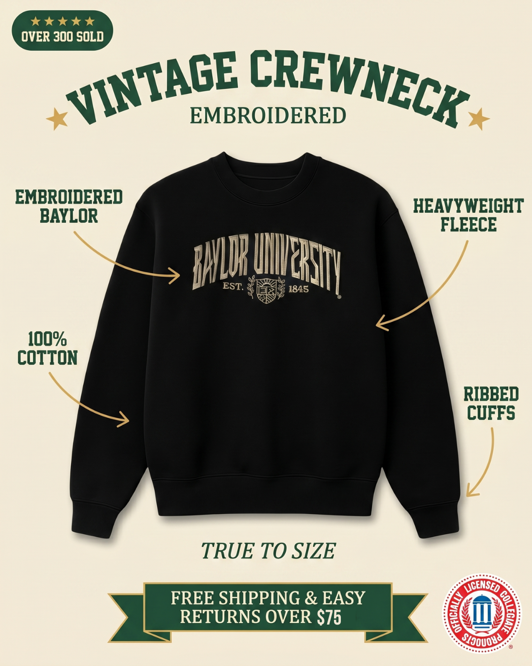 Baylor vintage crewneck features graphic — embroidered BAYLOR UNIVERSITY, heavyweight cotton fleece, ribbed cuffs, black