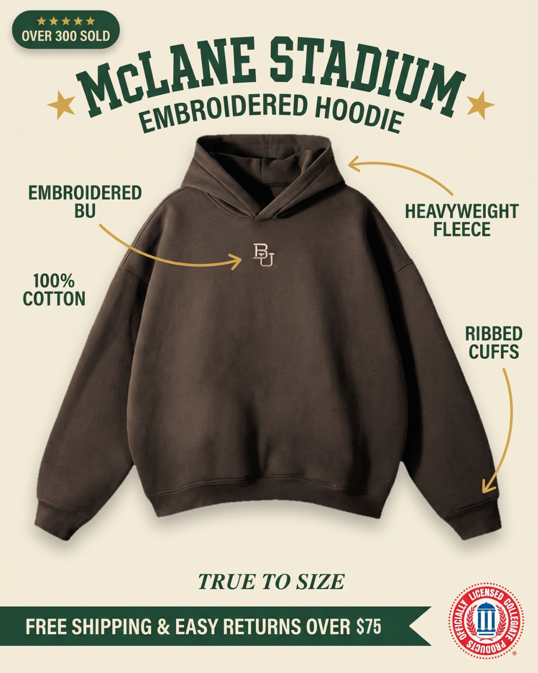 Baylor McLane Stadium hoodie features graphic — embroidered BU, heavyweight 400 GSM 100% cotton fleece, ribbed cuffs, brown