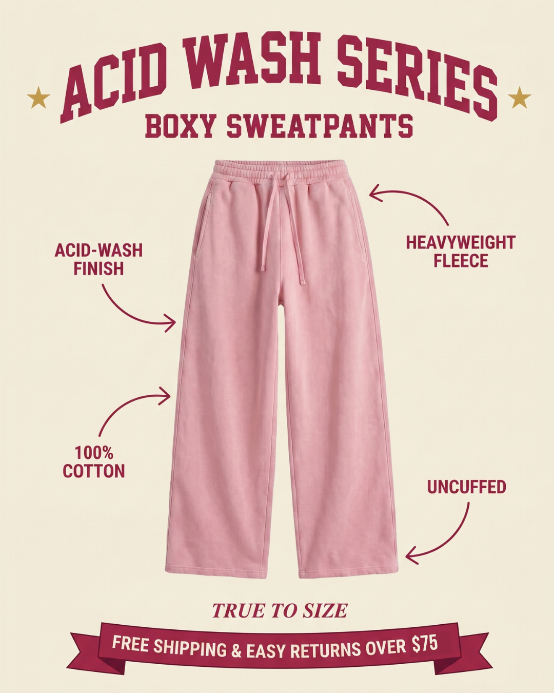 Acid Wash boxy sweatpants features graphic — acid-wash finish, heavyweight 100% cotton fleece, uncuffed wide leg, pink