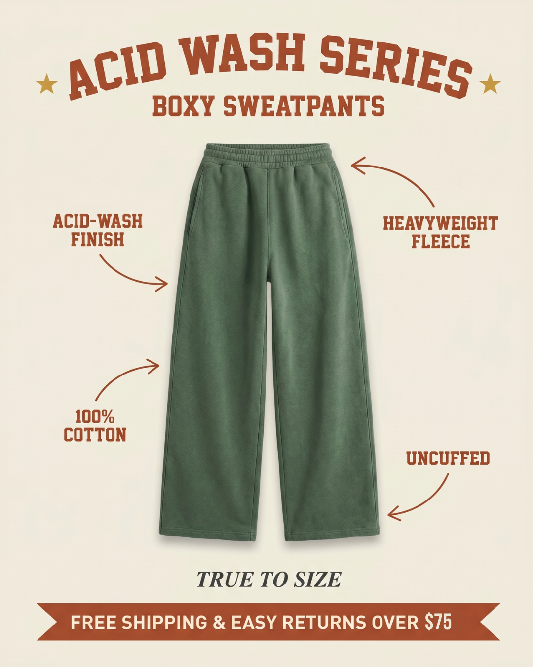 Acid Wash boxy sweatpants features graphic — acid-wash finish, heavyweight 100% cotton fleece, uncuffed wide leg, forest green