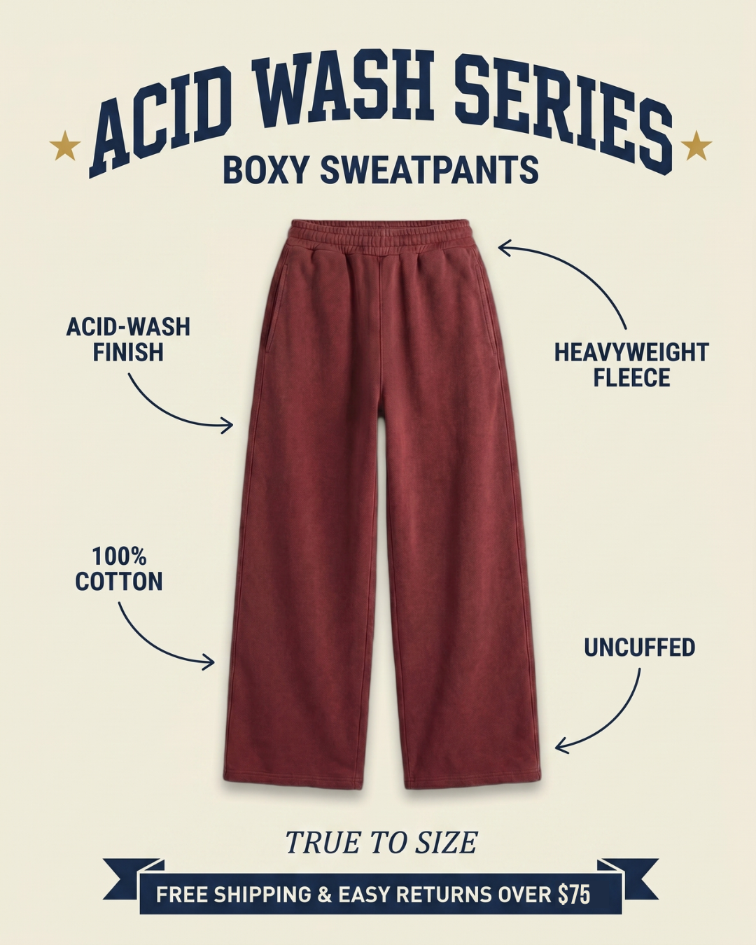 Acid Wash boxy sweatpants features graphic — acid-wash finish, heavyweight 100% cotton fleece, uncuffed wide leg, crimson red