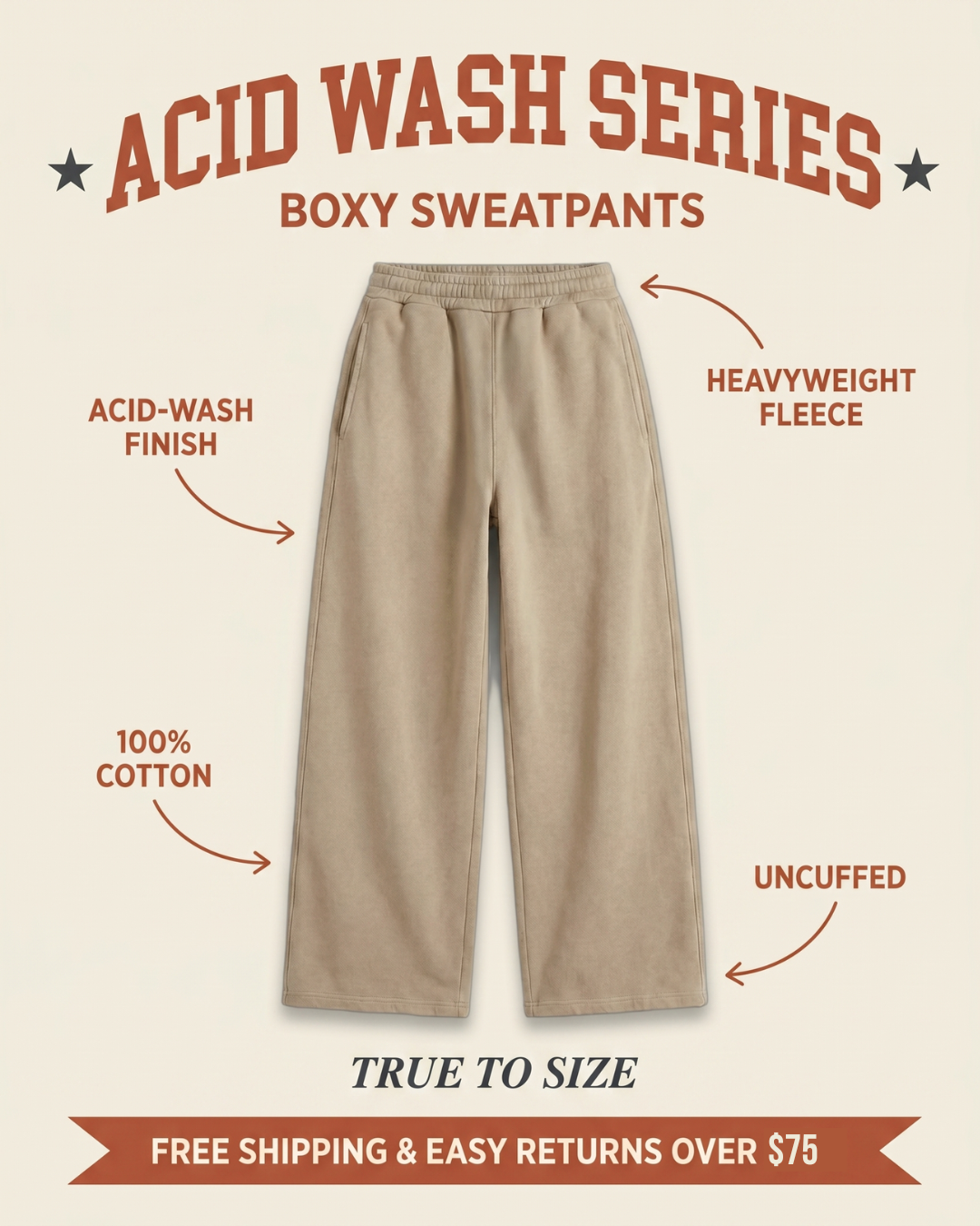 Acid Wash boxy sweatpants features graphic — acid-wash finish, heavyweight 100% cotton fleece, uncuffed wide leg, beige