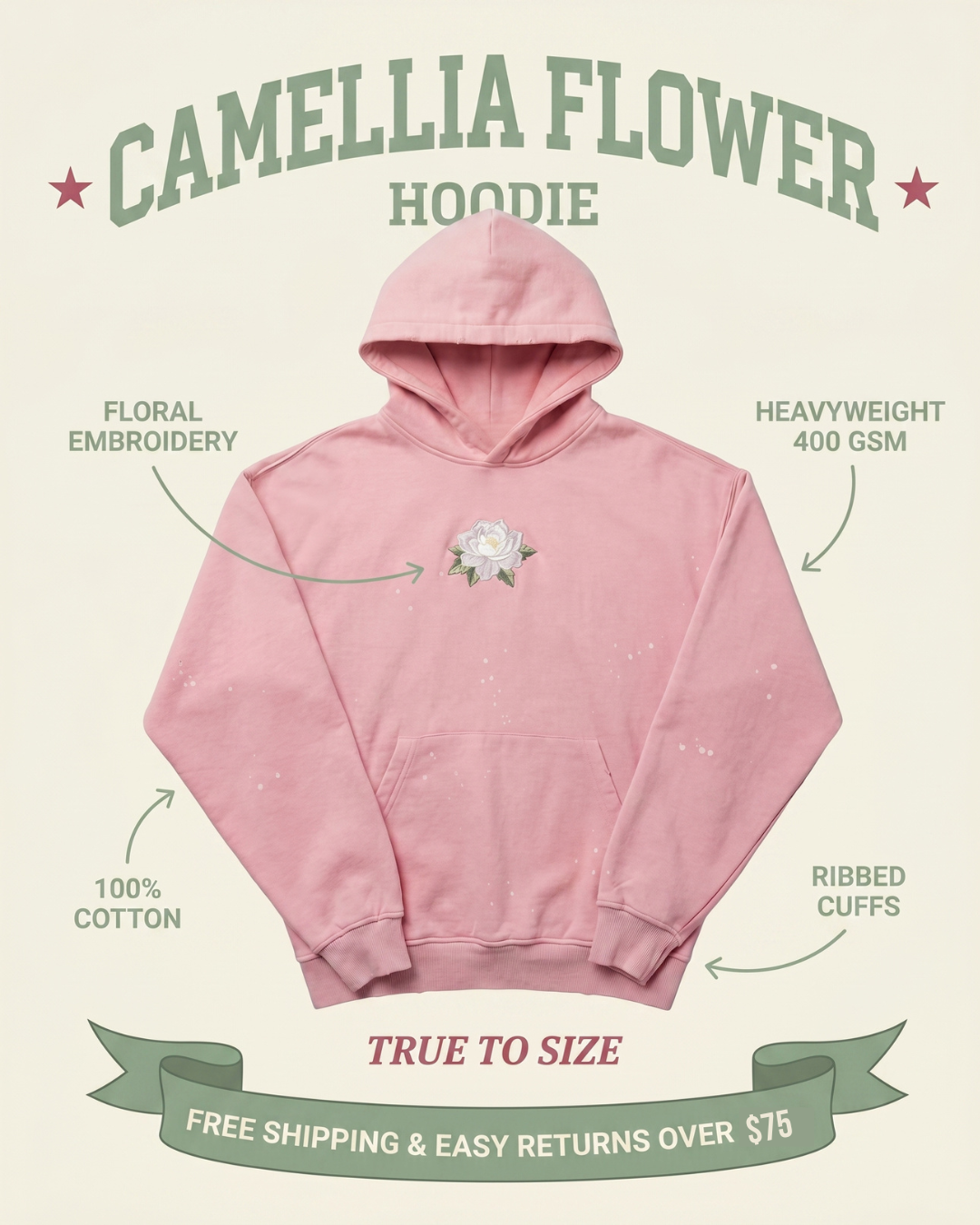 Camellia Flower Hoodie details — free shipping over $75
