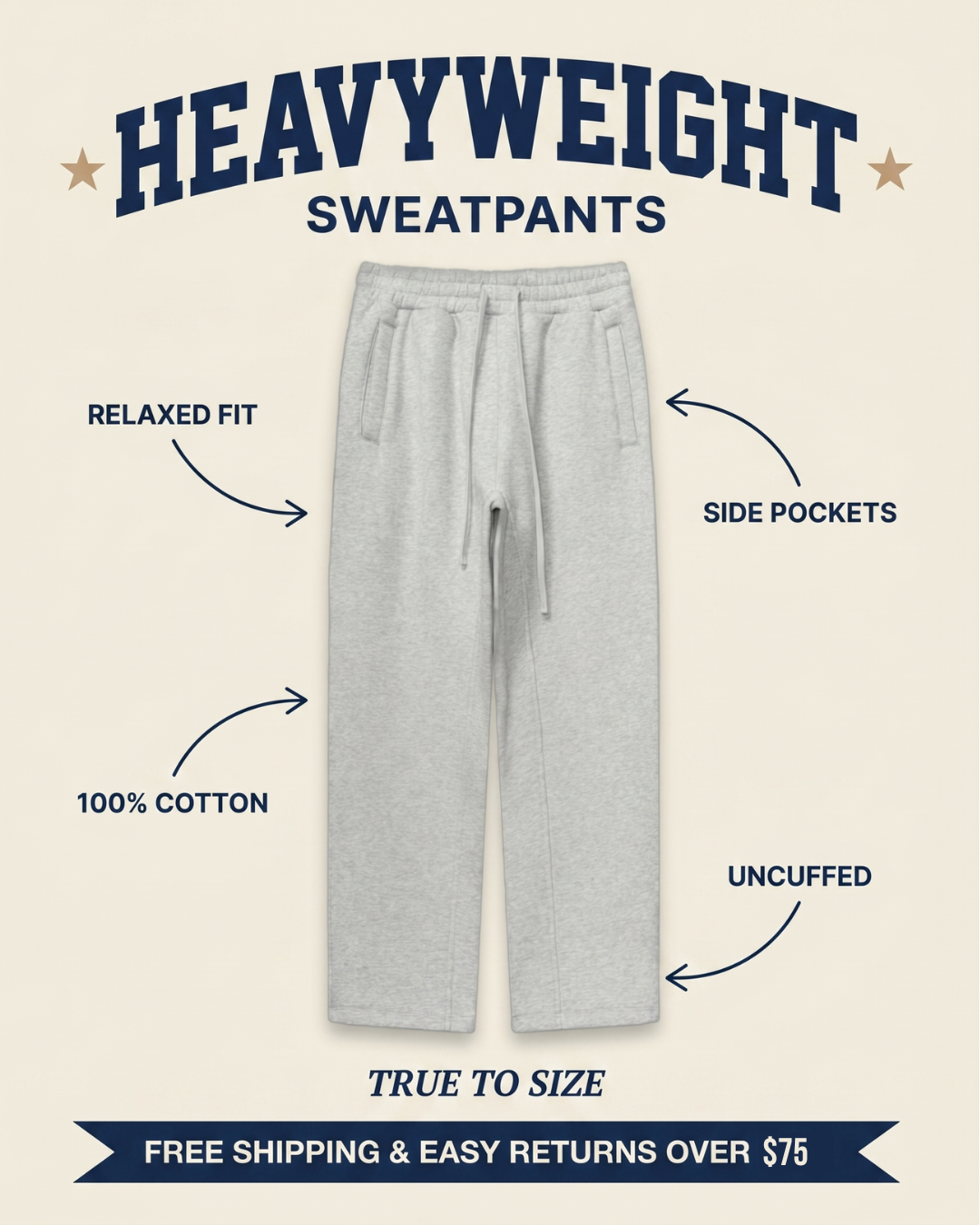 Premium heavyweight sweatpants features graphic — relaxed straight-leg fit, 400 GSM 100% cotton, side pockets, oatmeal gray