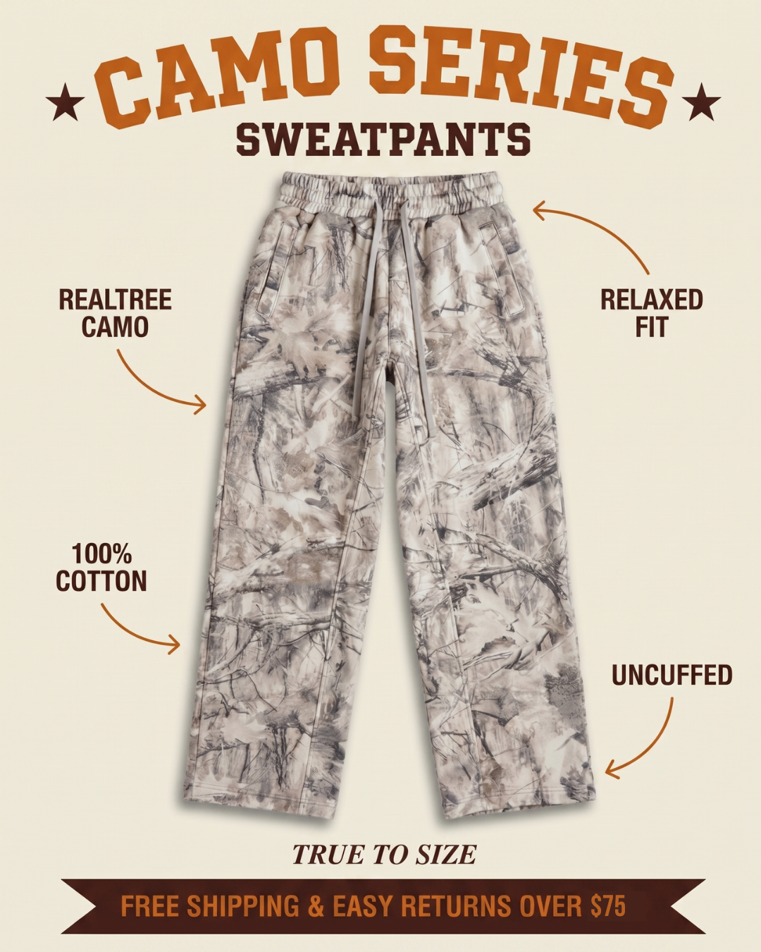 Zoleado camo sweatpants features graphic — woodland camo wash, 100% cotton, relaxed fit, side pockets