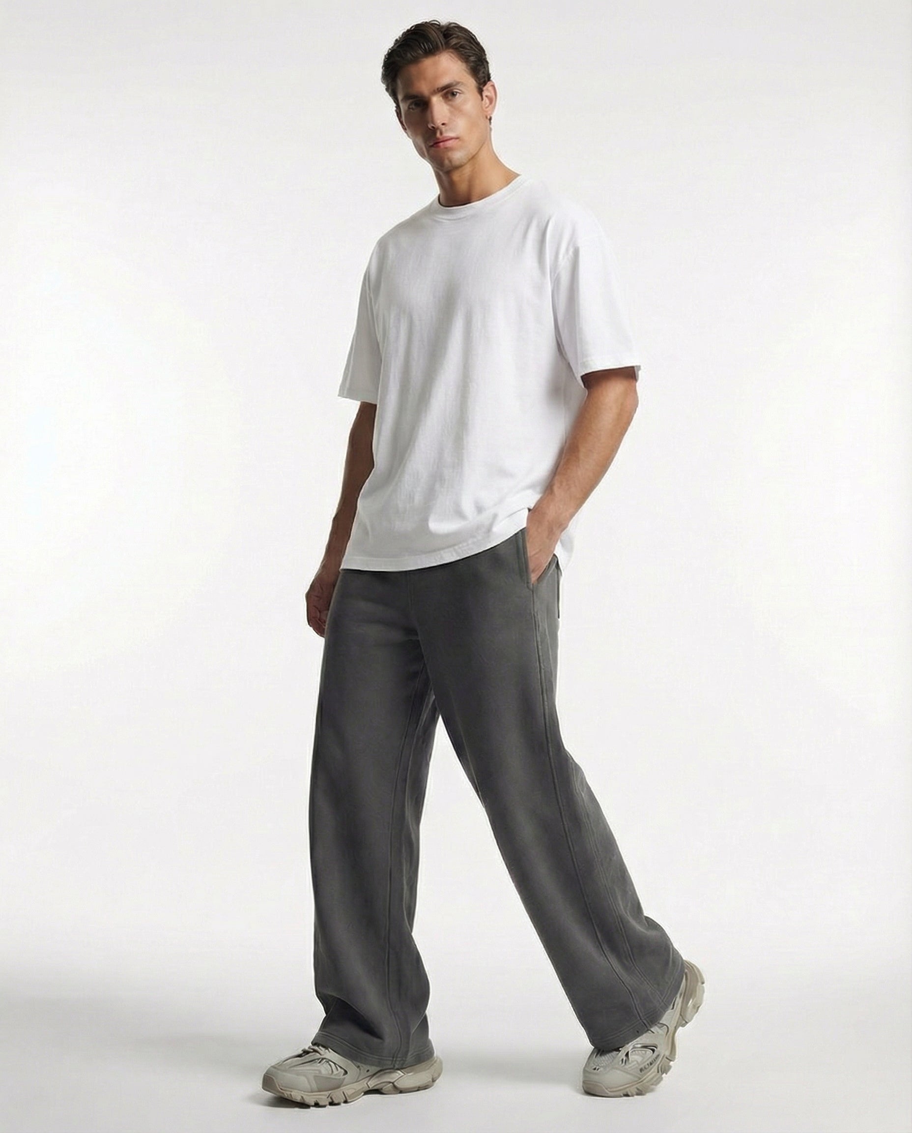 Gray acid wash wide-leg sweatpants, relaxed boxy fit