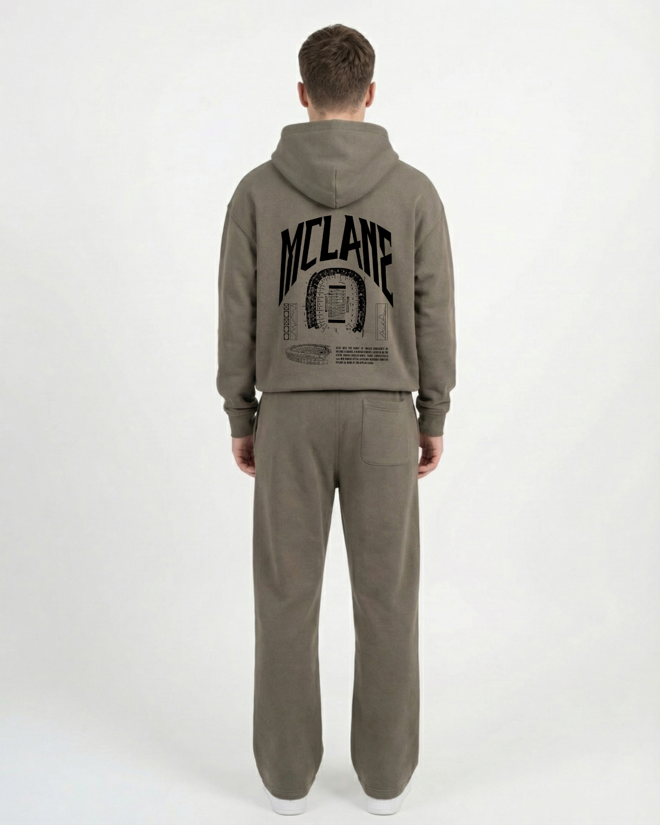 man wearing olive green hoodie and pants with 'McLane' branding on a white background