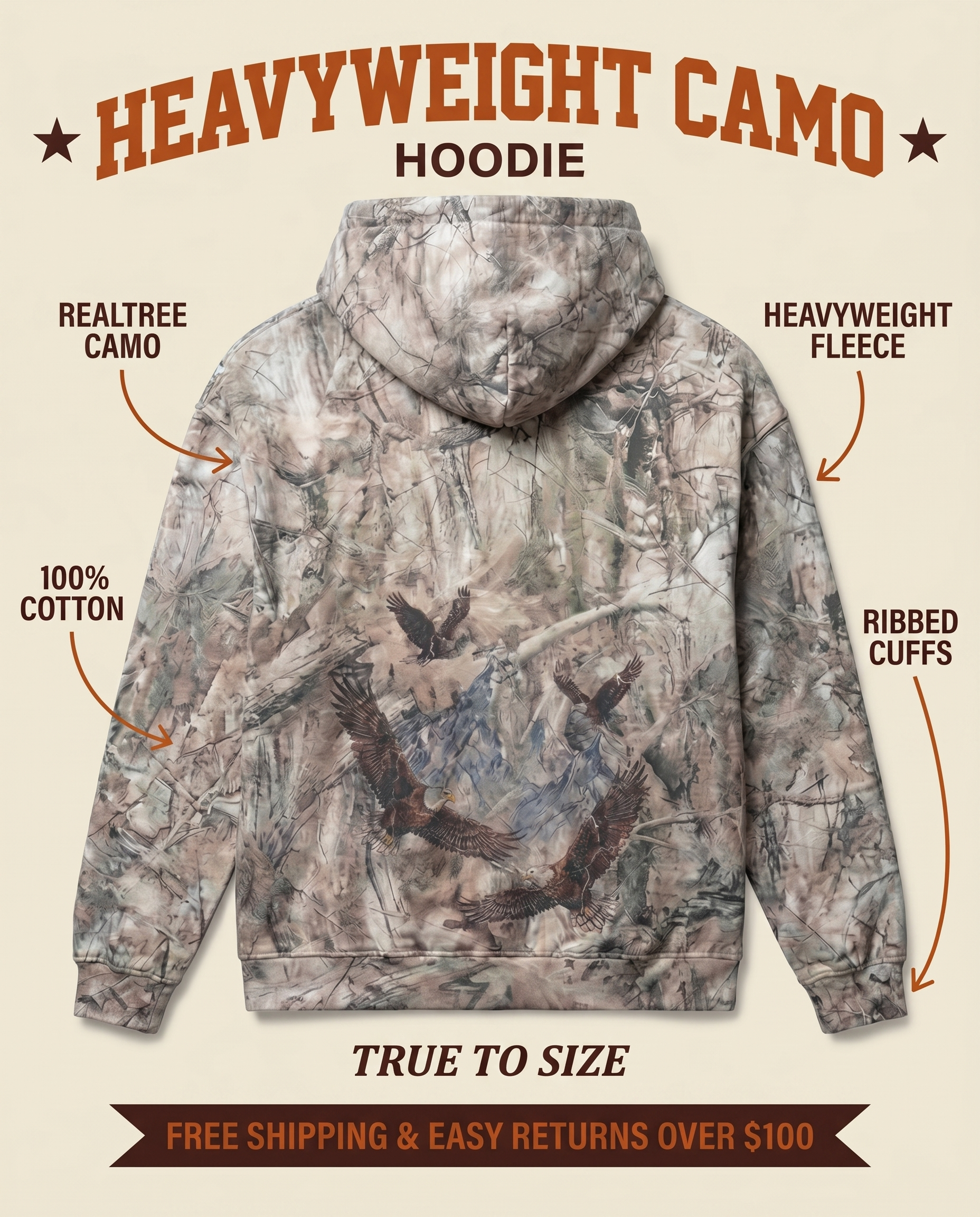 Heavyweight Camo Hoodie features: realtree camo, 100% cotton, heavyweight fleece