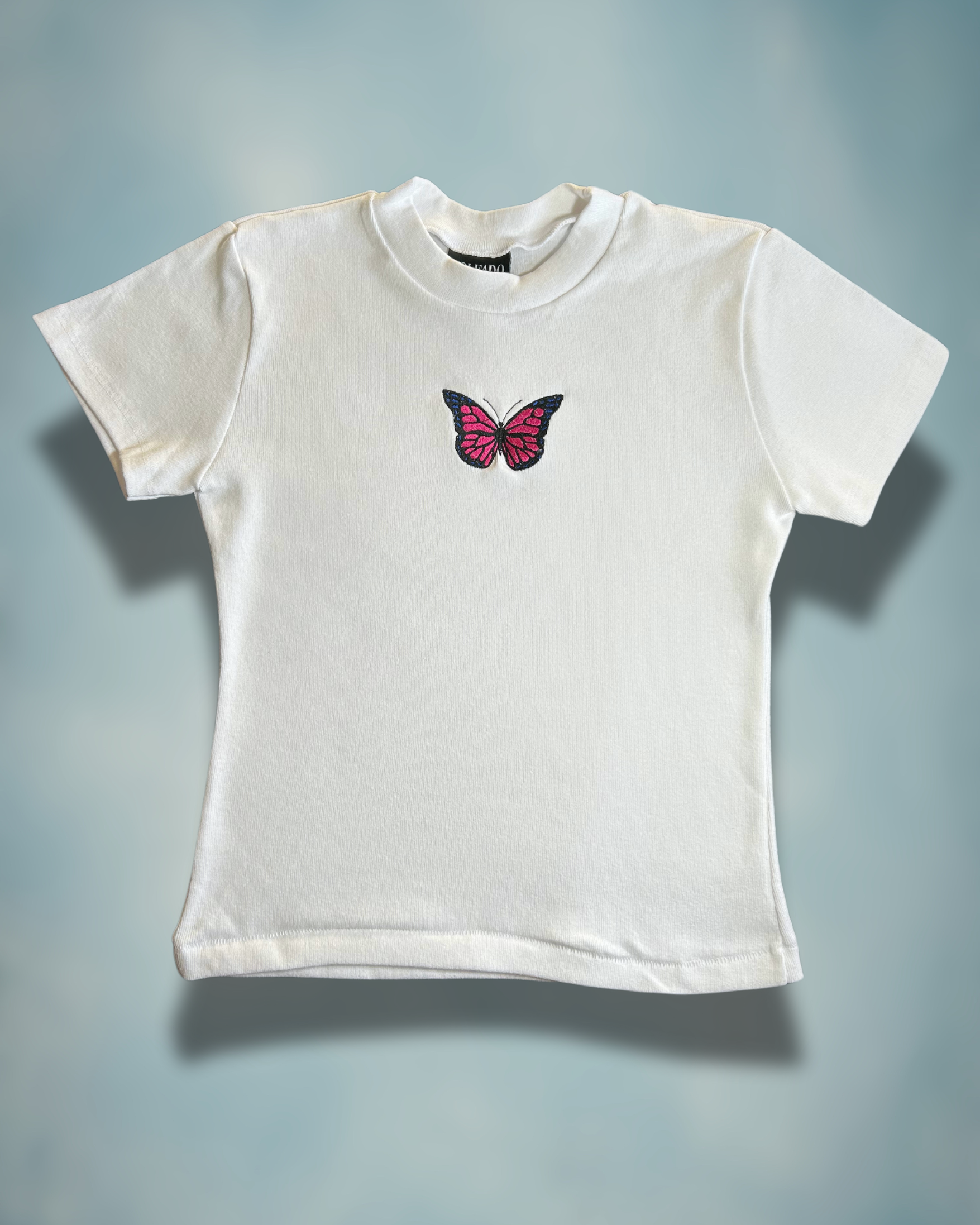 Pink Butterfly Baby Tee – Embroidered Pink & Blue Butterfly