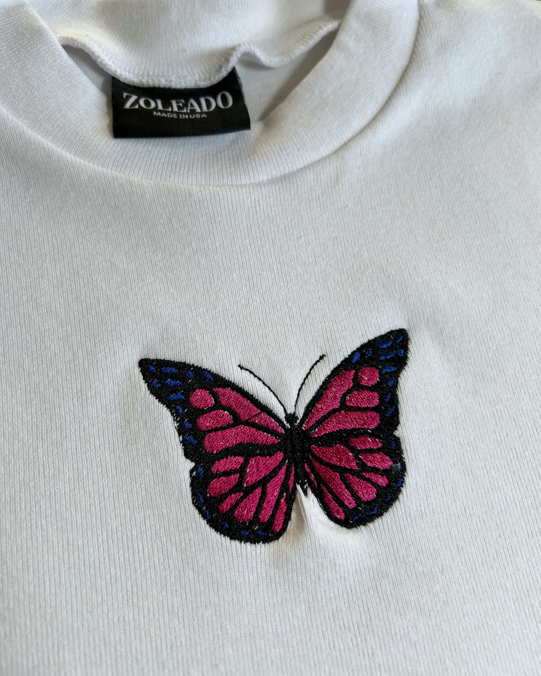 Pink Butterfly Baby Tee – Embroidered Pink & Blue Butterfly