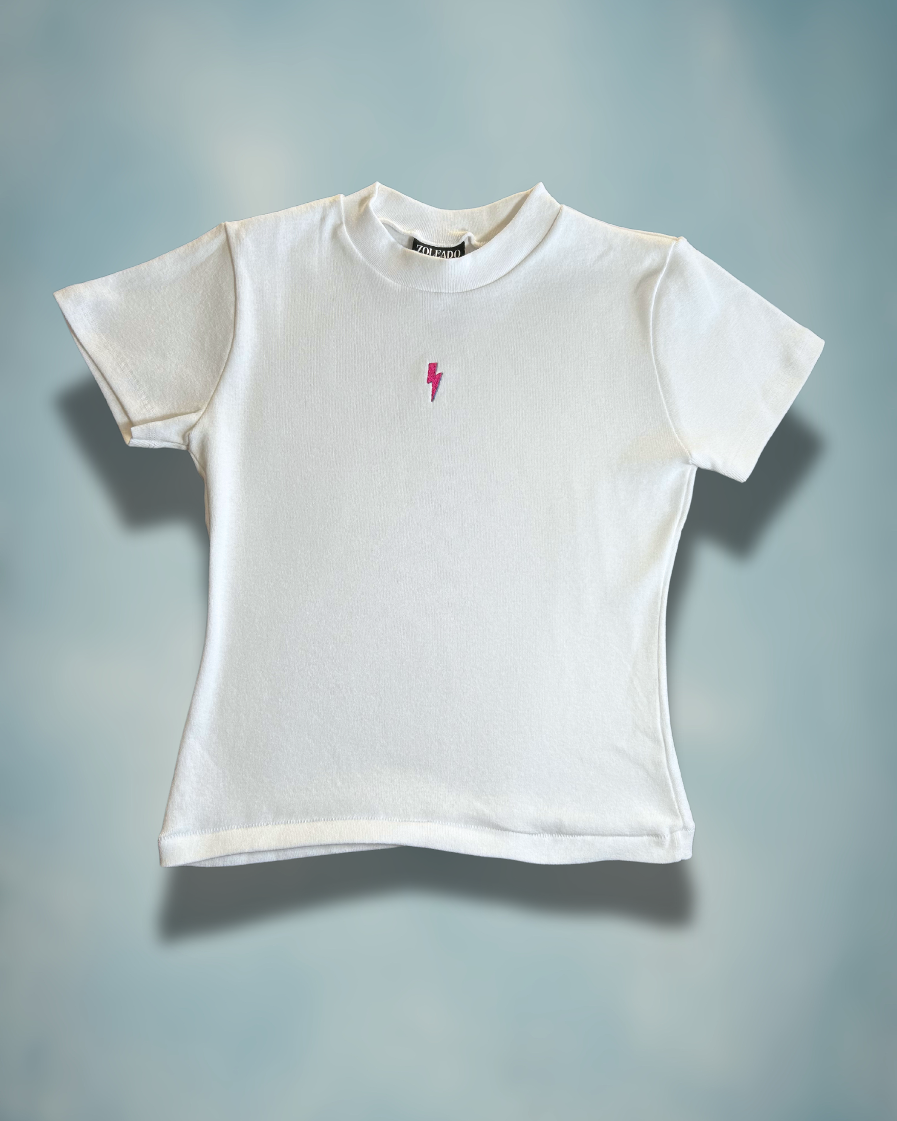 Tiny Spark Baby Tee – Embroidered Pink Lightning Bolt