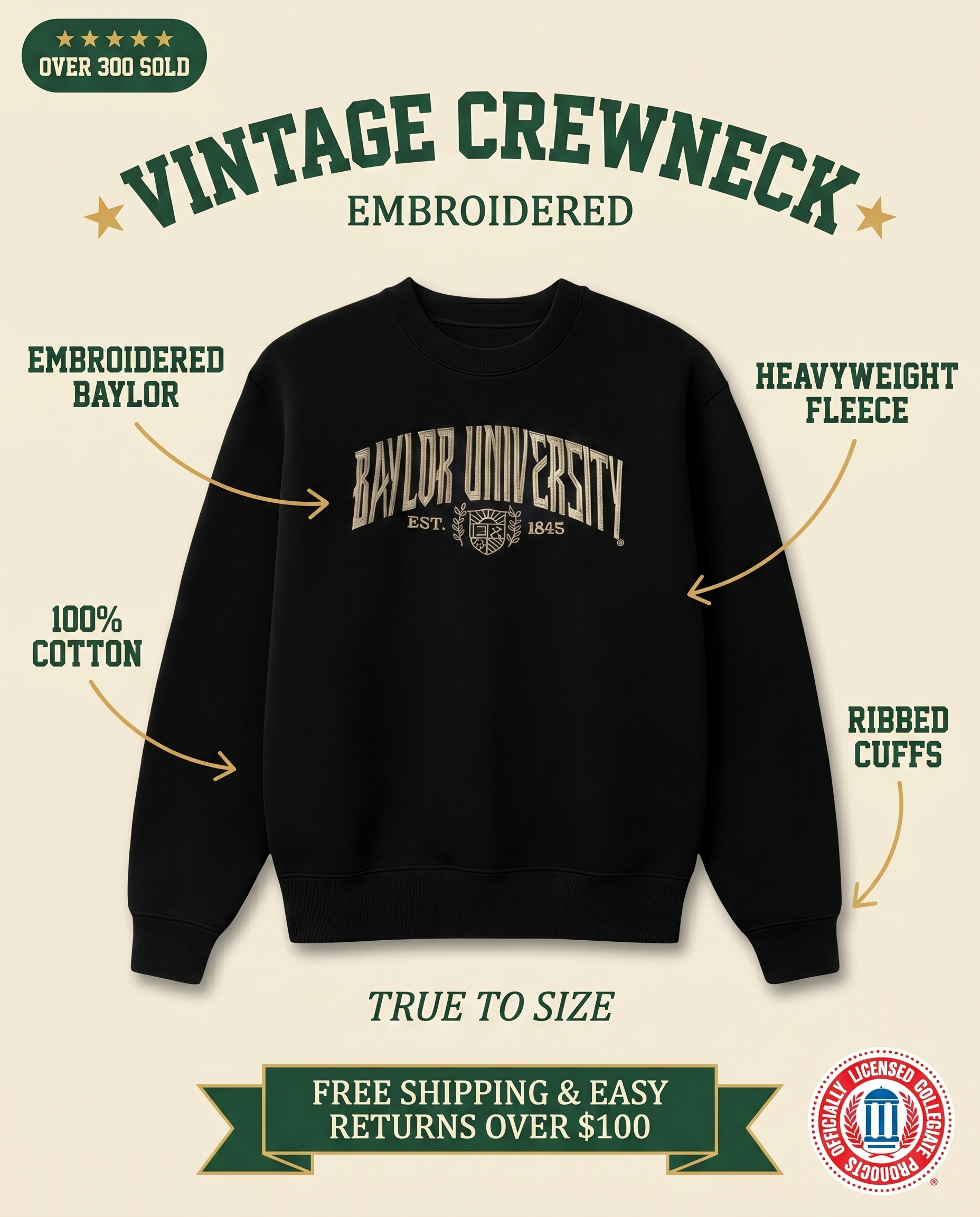 Baylor Vintage Crewneck Black features: embroidered Baylor, 100% cotton, heavyweight fleece