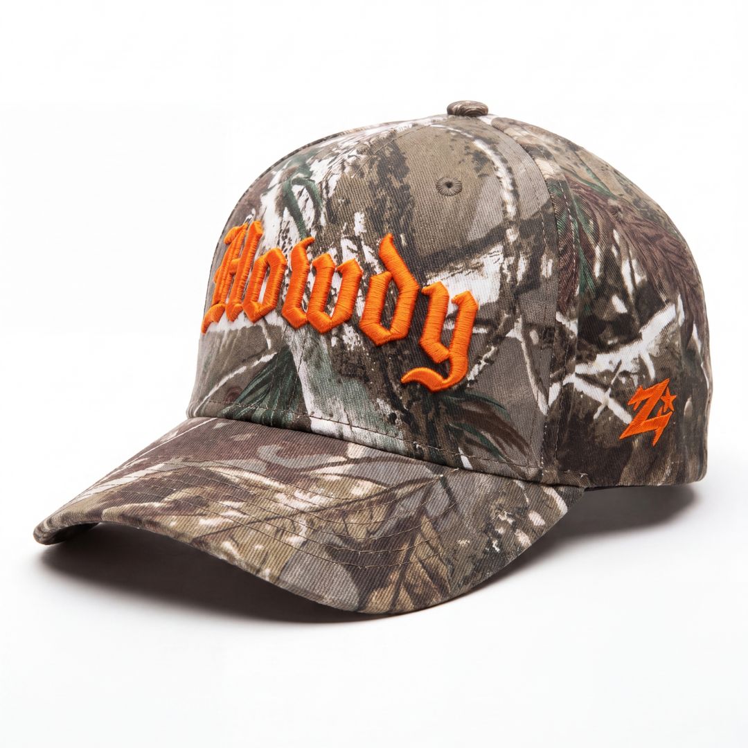Howdy camo western hat back — Zoleado signature and adjustable strap-back closure