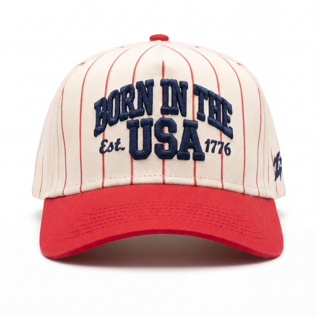 Born in the USA Hat - Vintage Americana Pinstripe Baseball Cap Est. 1776