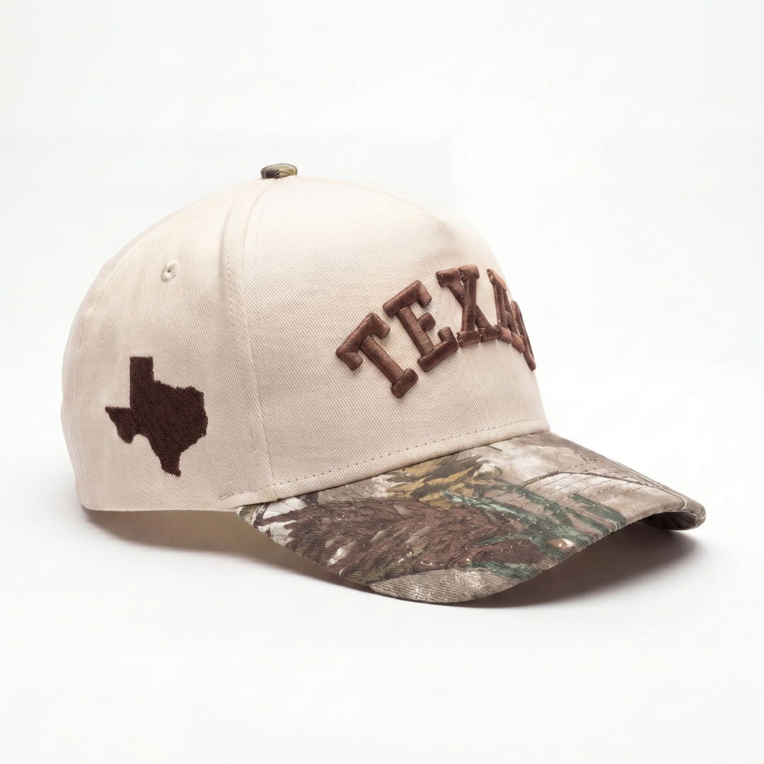 Texas camo hat side — brown Zoleado signature on cream side panel