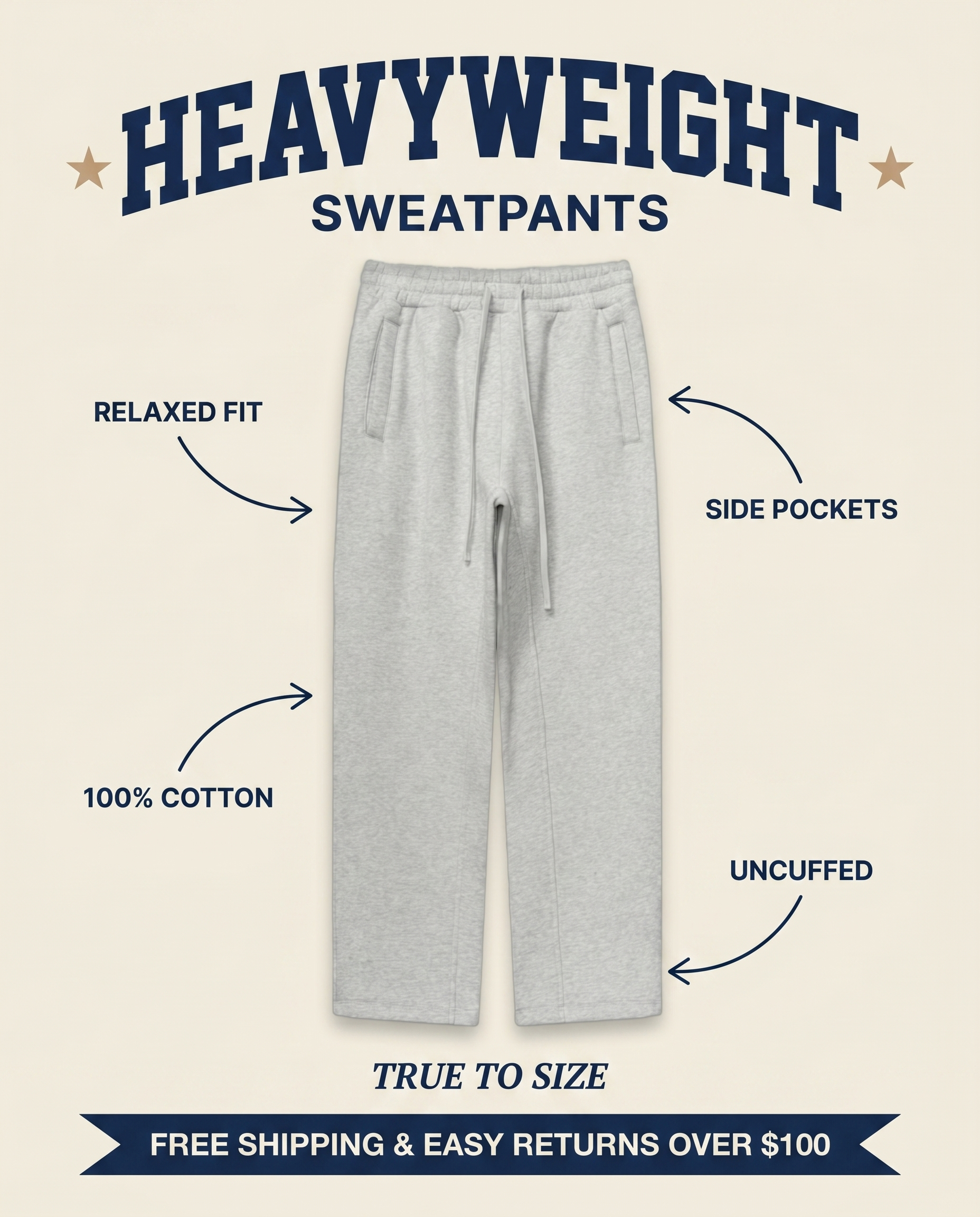 Premium Heavyweight Sweatpants Oatmeal Gray features: relaxed fit, 100% cotton, side pockets, uncuffed