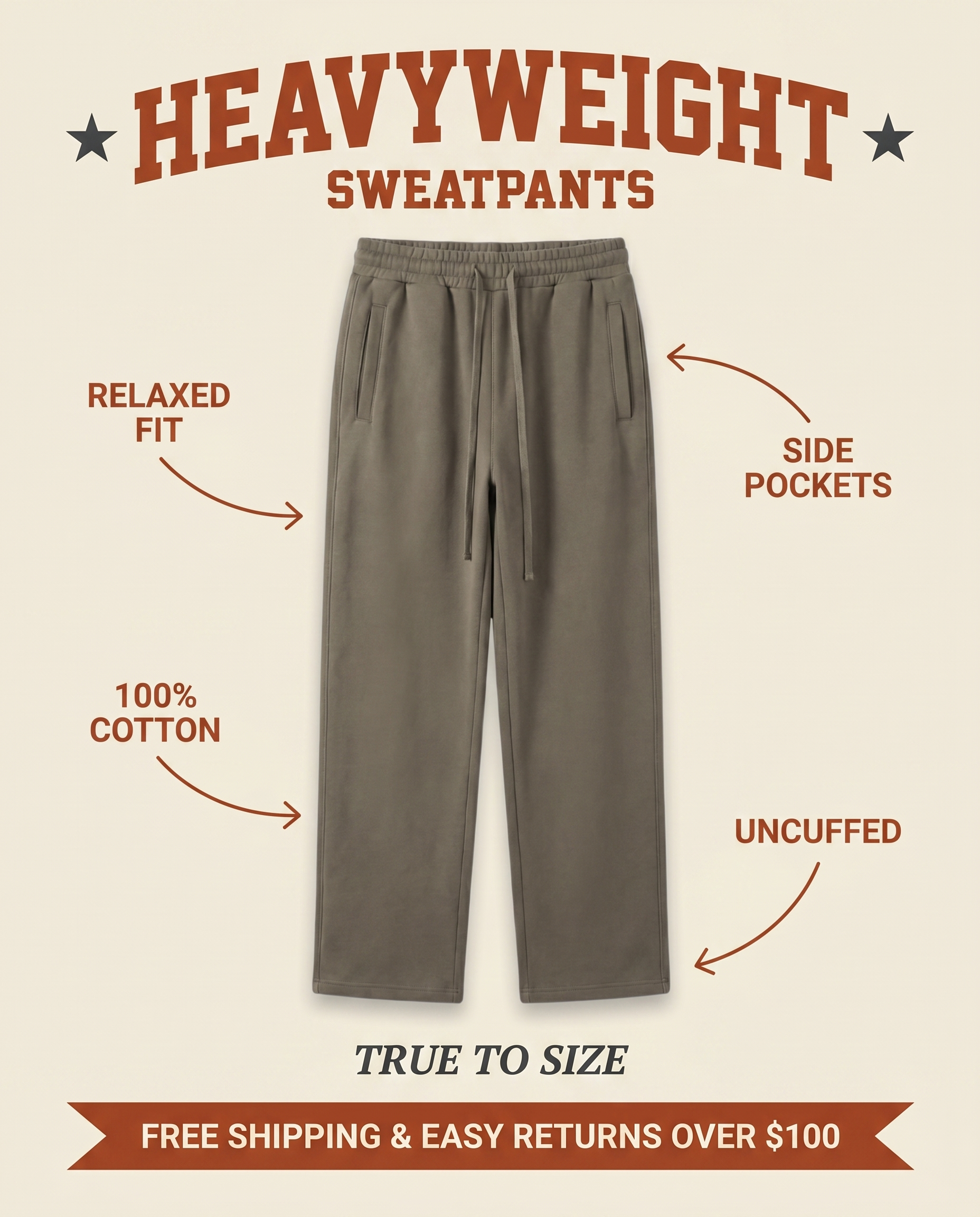 Premium Heavyweight Sweatpants Olive Green features: relaxed fit, 100% cotton, side pockets, uncuffed