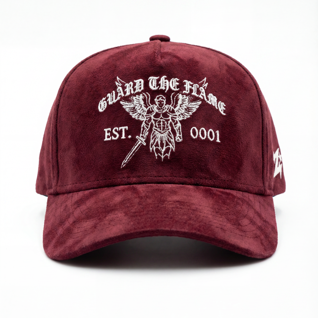 Guard the Flame Hat - Oxblood Suede Winged Guardian Embroidered Baseball Cap