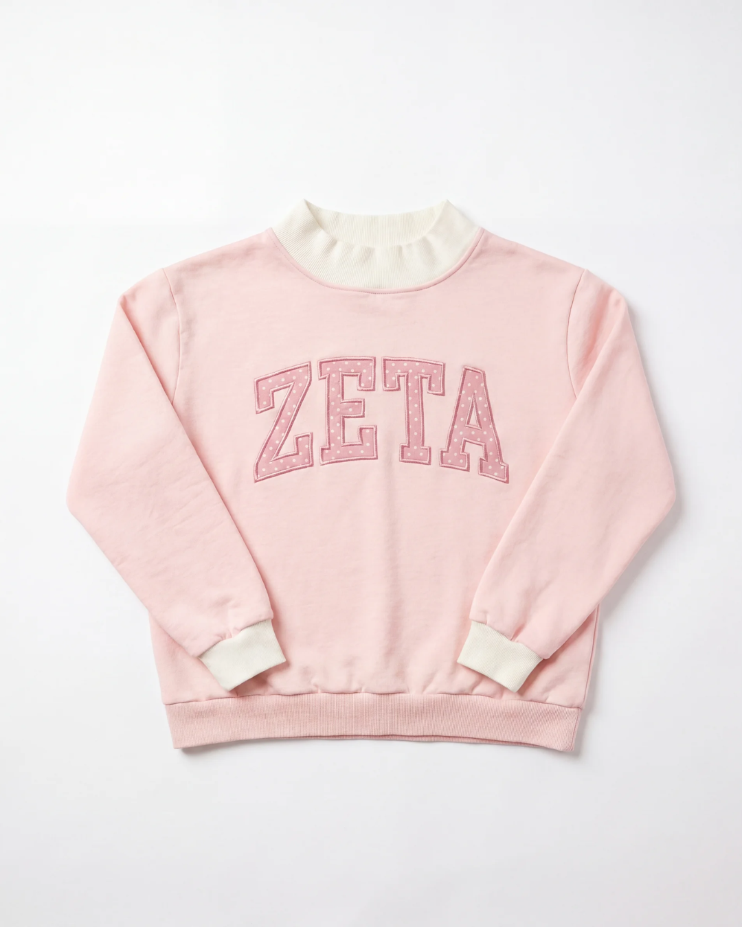 Zeta Mockneck Top front - dusty pink Zeta Tau Alpha sorority sweatshirt with polka-dot ZETA patch embroidery and cream mockneck collar