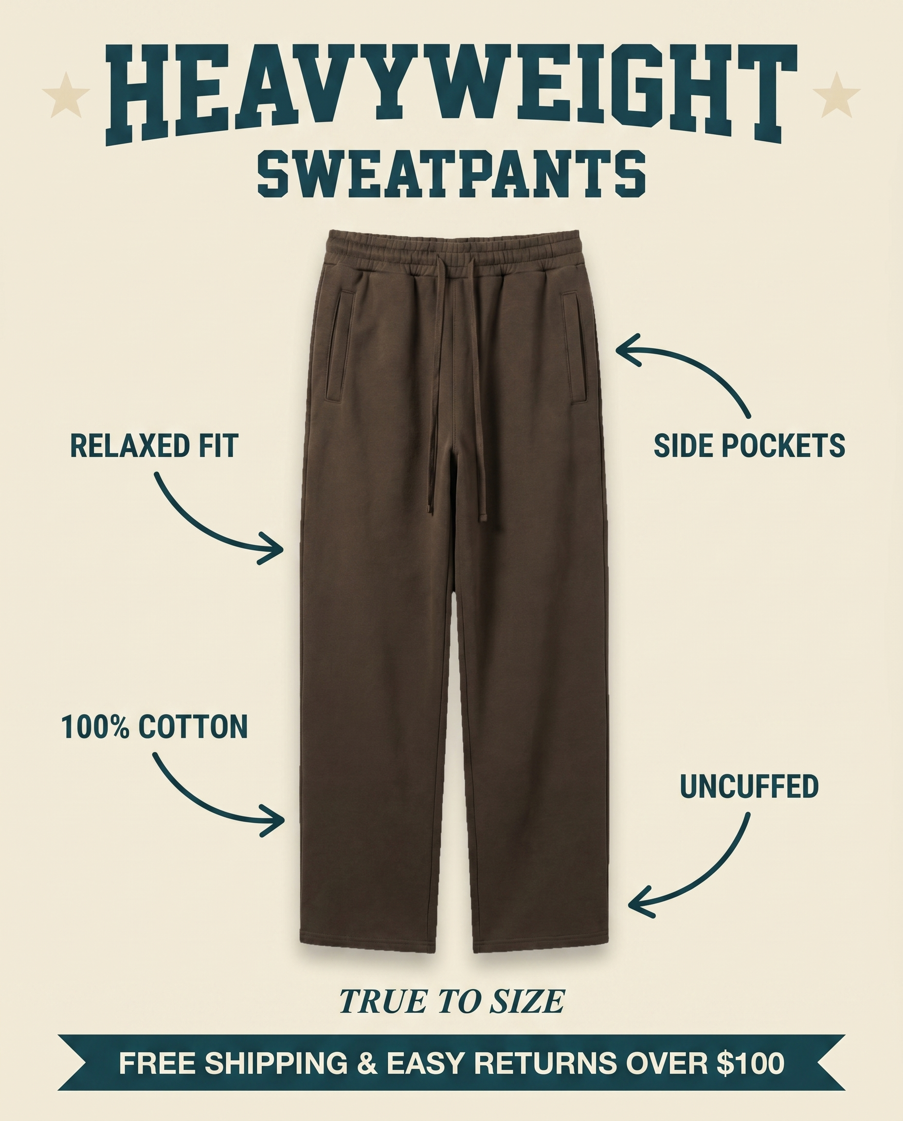Premium Heavyweight Sweatpants Brown features: relaxed fit, 100% cotton, side pockets, uncuffed