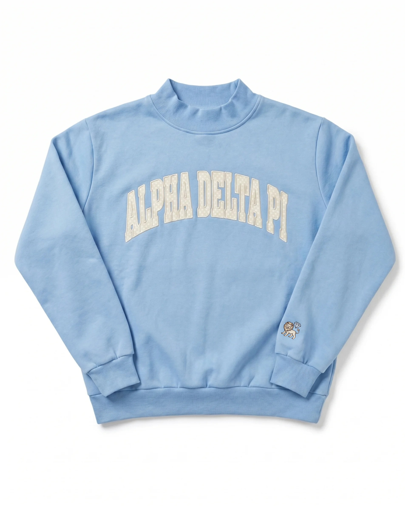 Alpha Delta Pi Mockneck Top front view, azure-blue sweatshirt with polka-dot patch embroidery and mockneck collar