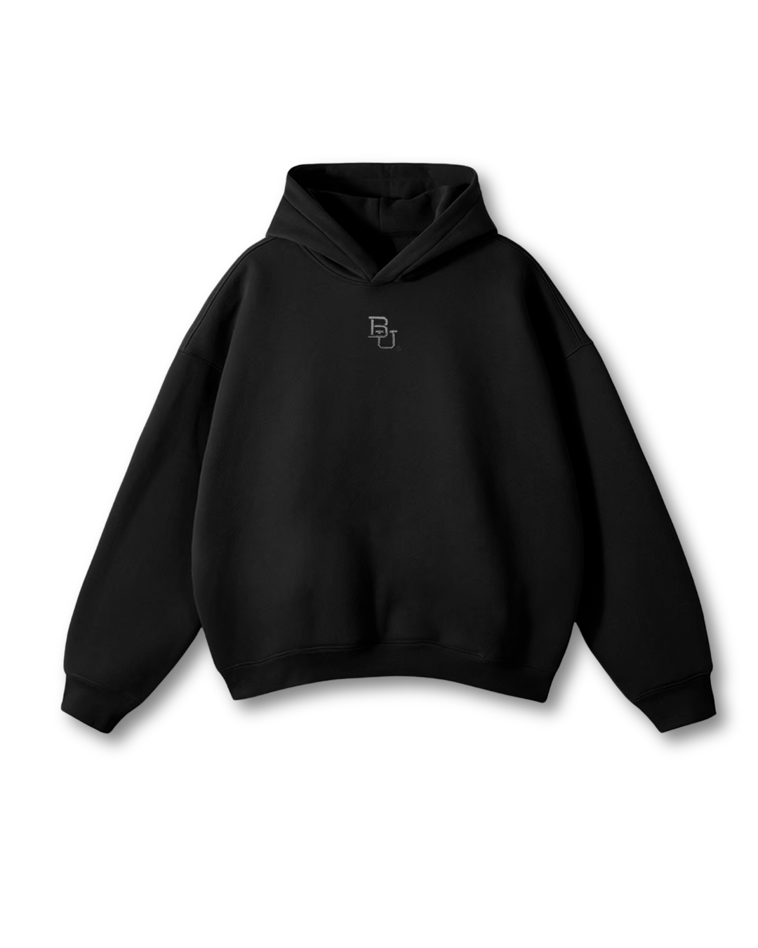 Black Baylor University hoodie with an embroidered 'BU' logo in the middle on a white background