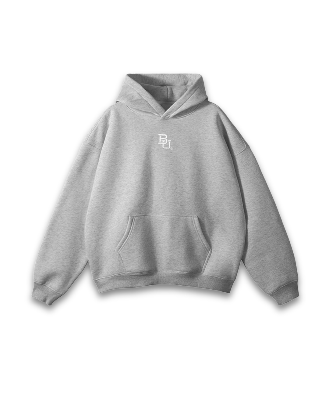 Gray Baylor University hoodie with an embroidered "BU" logo in the middle. On a white background