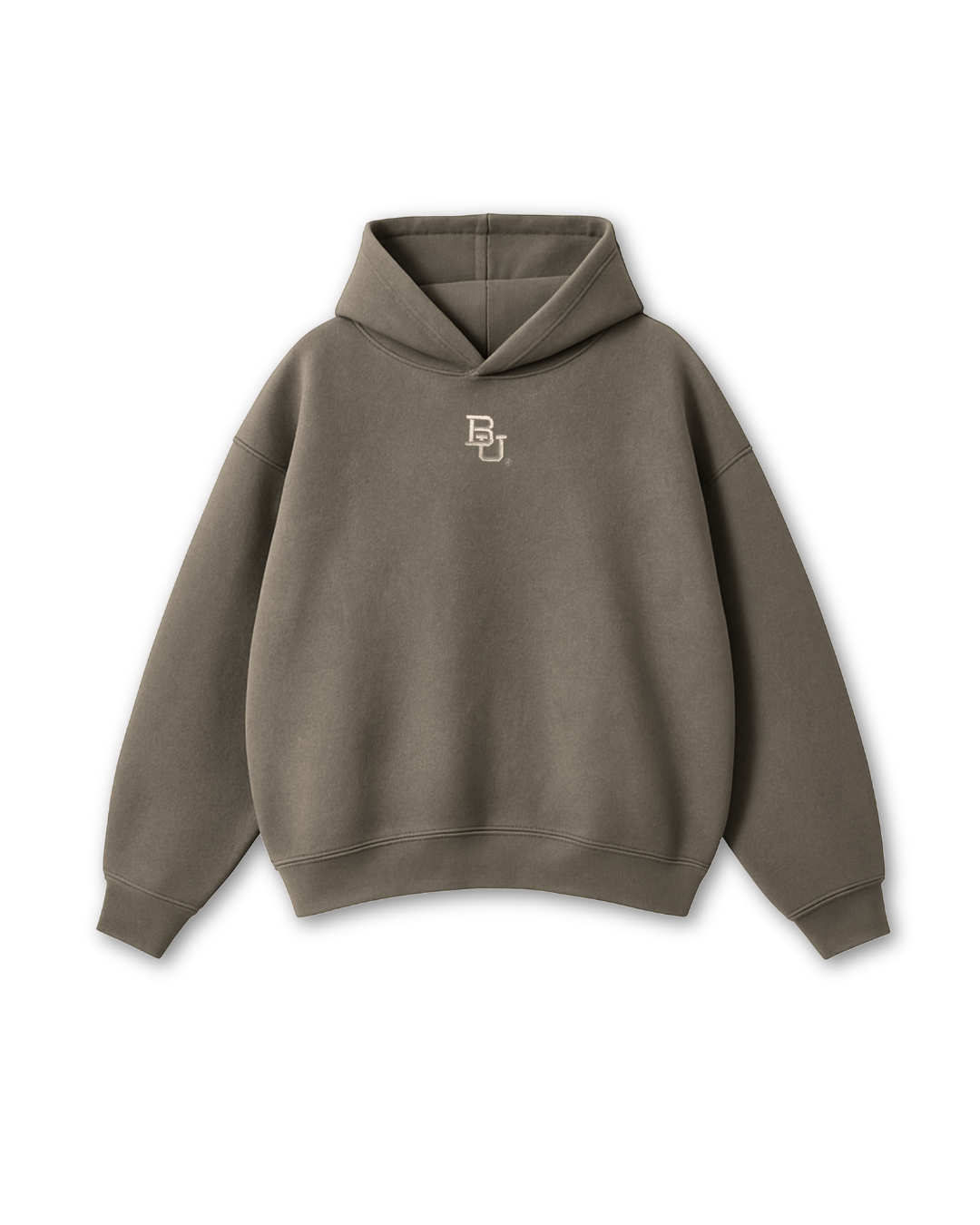 Olive green Baylor University hoodie with a 'BU' embroidered logo on a white background