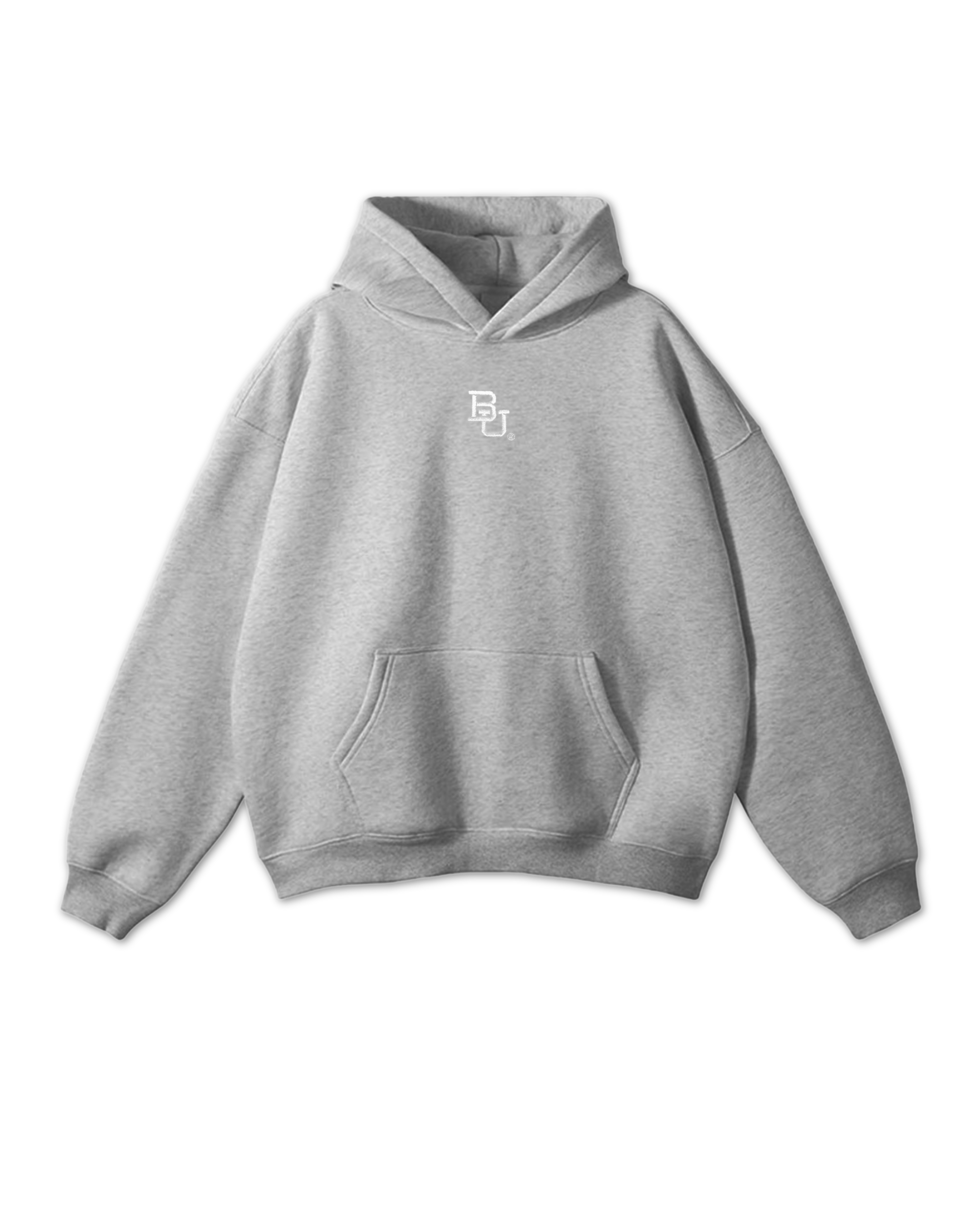 Gray Baylor University hoodie with an embroidered "BU" logo in the middle. On a white background