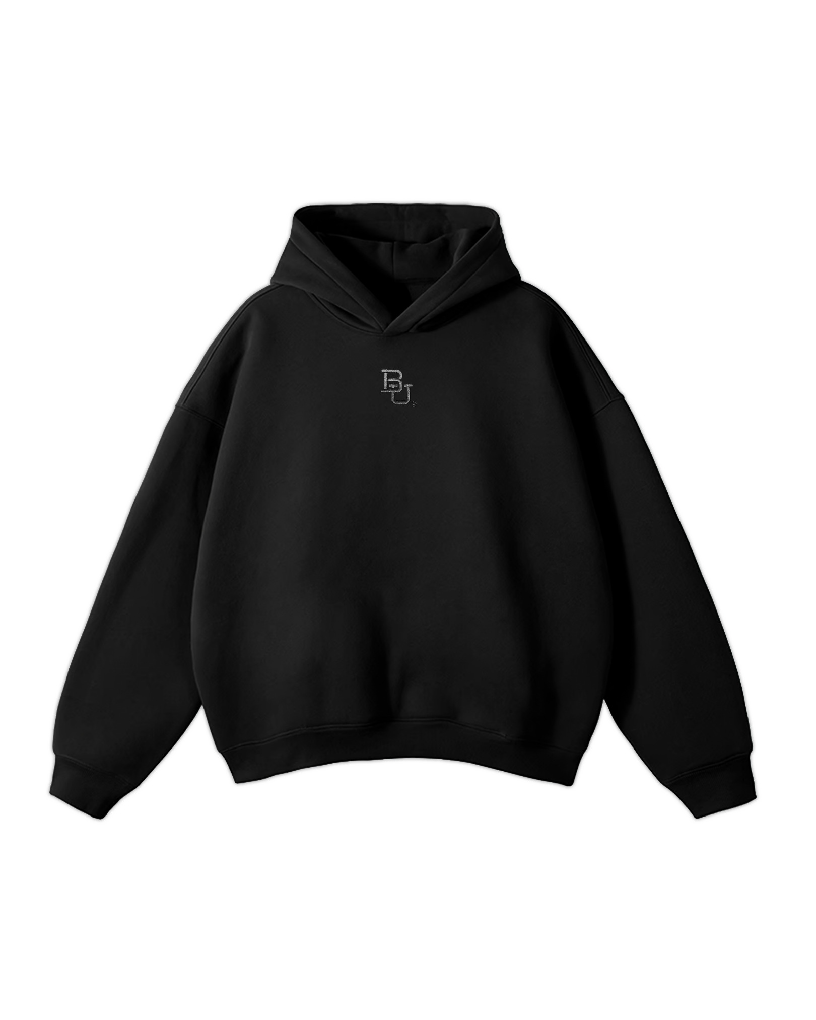 Black Baylor University hoodie with an embroidered 'BU' logo in the middle on a white background